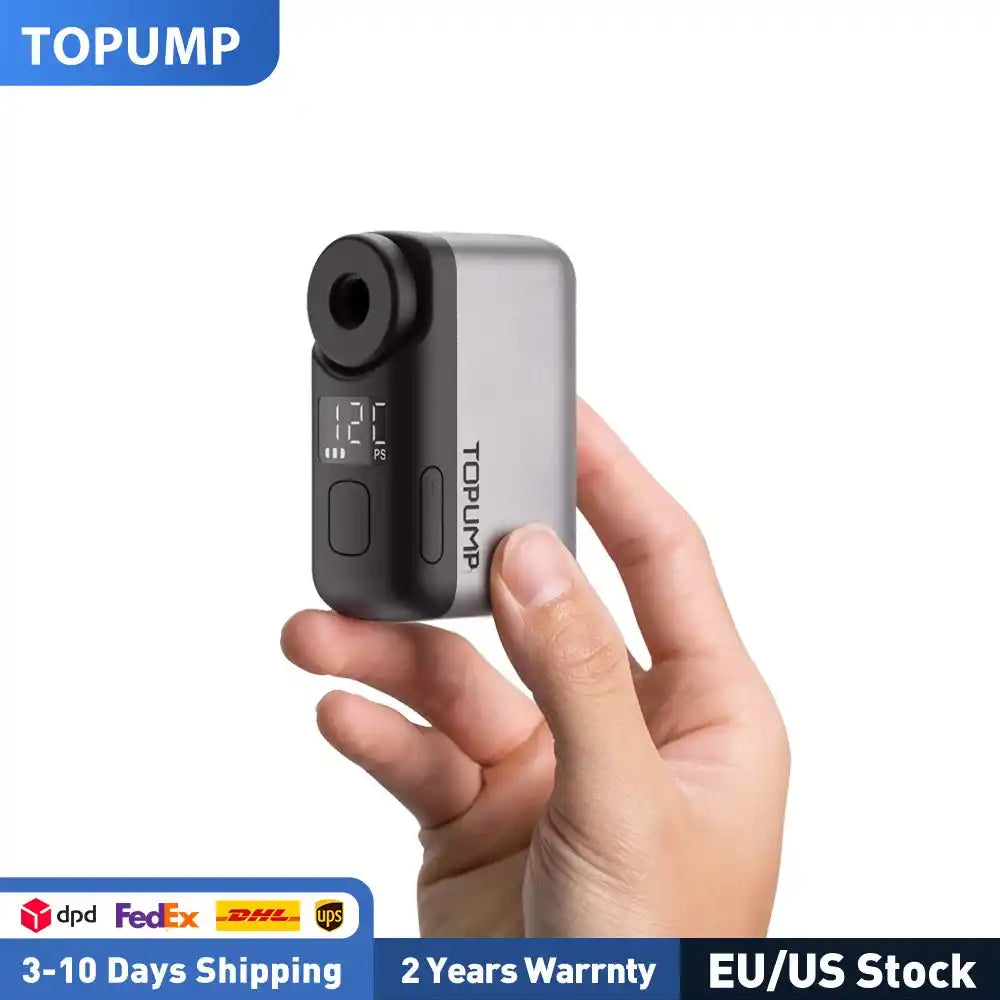 Compact TOPUMP TB2 PRO cordless bike inflator held in hand, highlighting portability, fast shipping, and 2-year warranty.