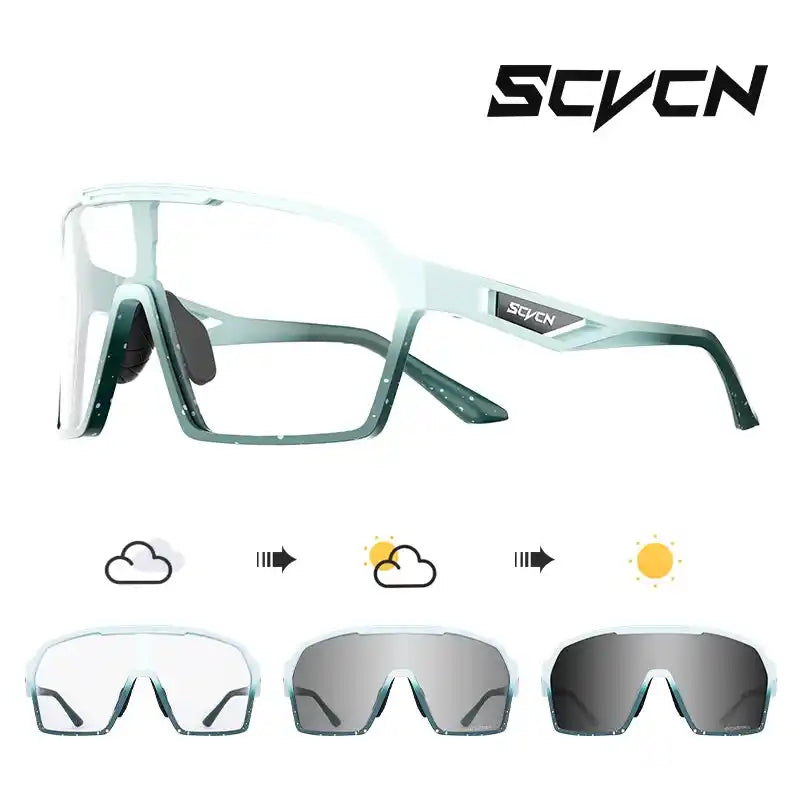 Light blue SCVCN UV400 cycling sunglasses with adaptive lenses. Provides UV-A/B protection and high durability for cycling and casual use.
