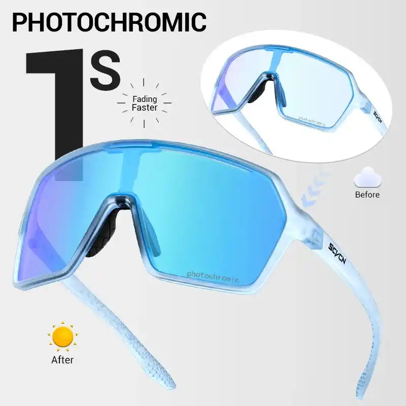 Photochromic cycling sunglasses with UV400 protection and blue lenses, transitioning from clear to tinted in 1 second for outdoor sports.