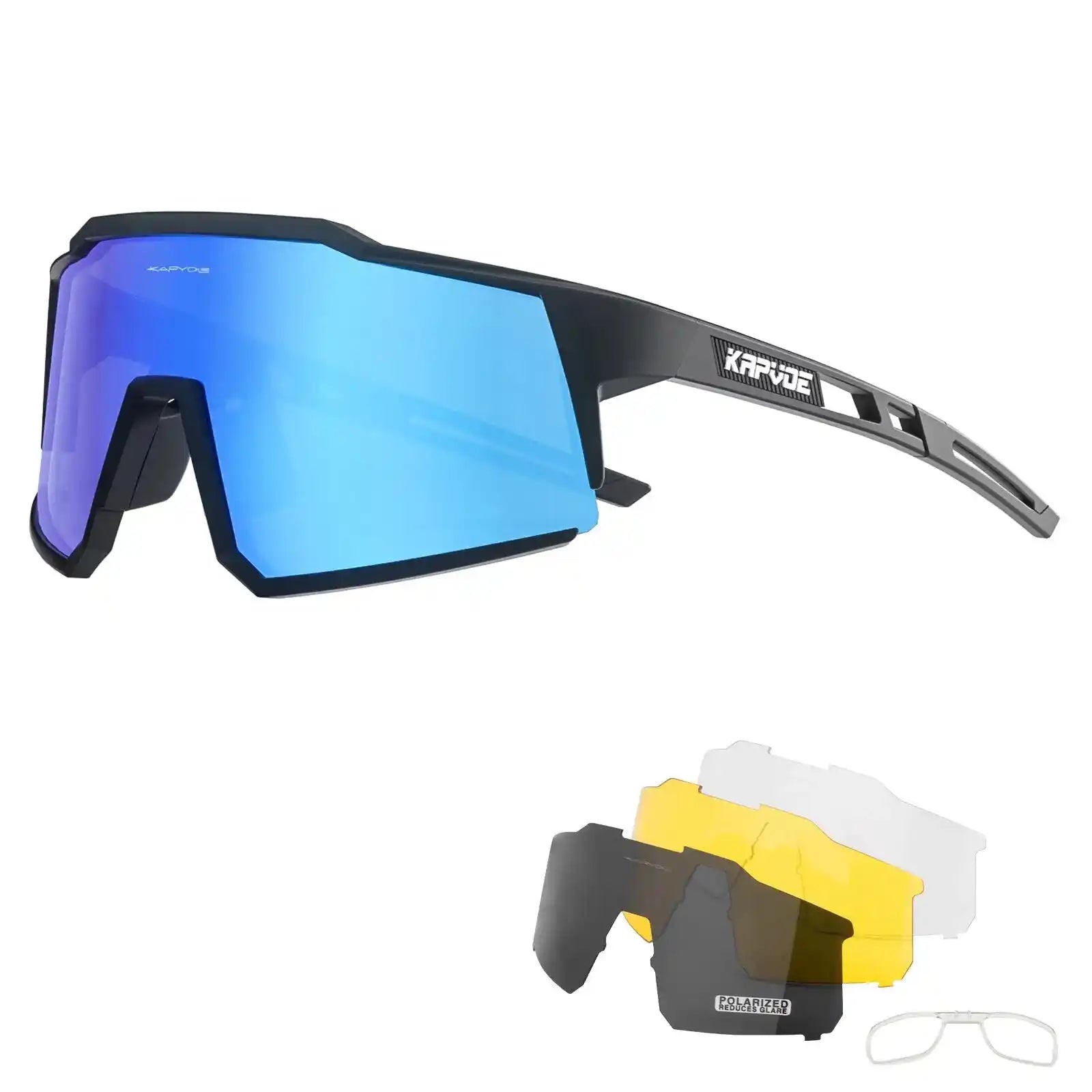 Kapvoe UV400 polarized cycling glasses in blue with multiple lens options. Lightweight frame perfect for high-performance cycling.