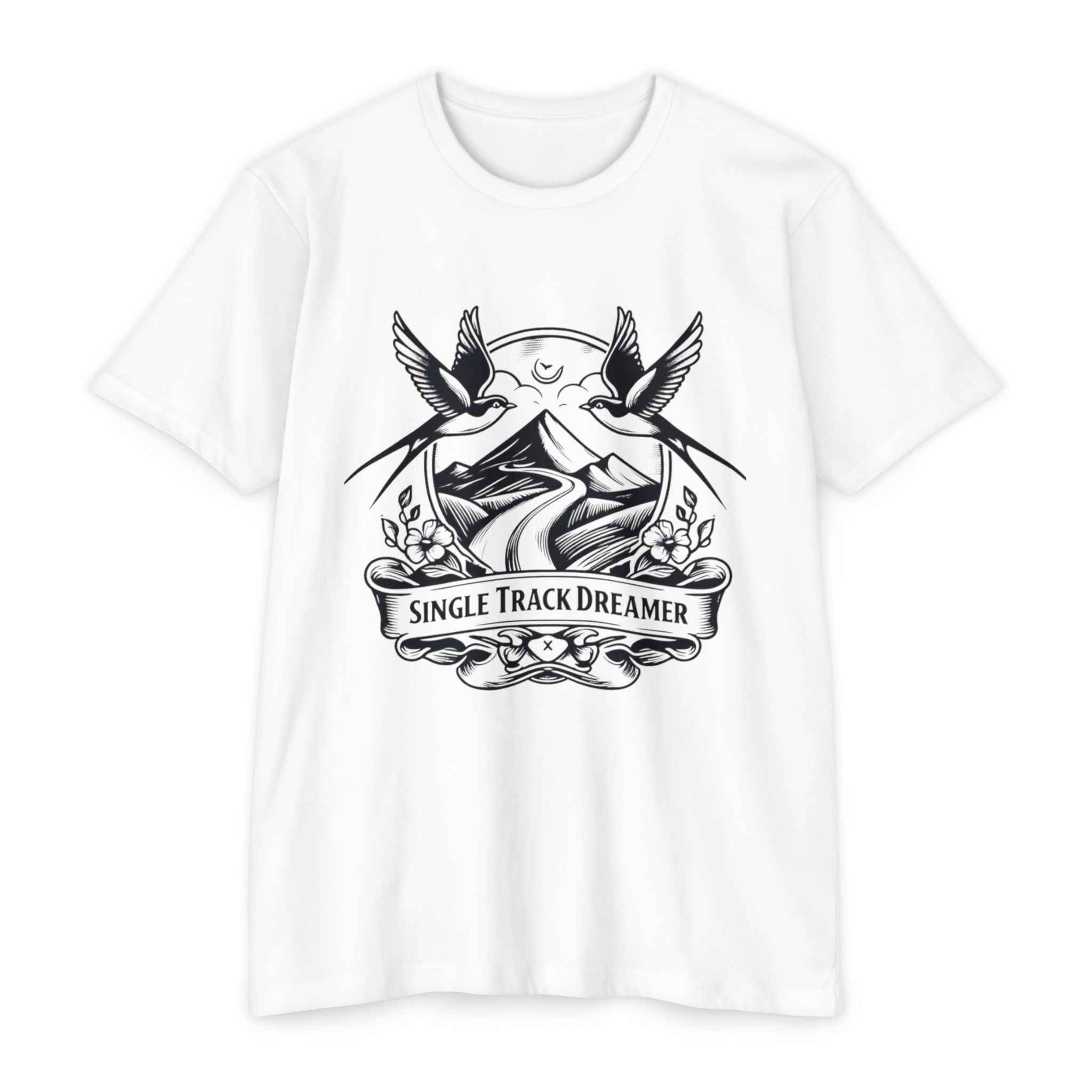 White Women's MTB Tee with 'Single Track Dreamer' design, showcasing vintage swallow and mountain trail art in soft durable fabric.