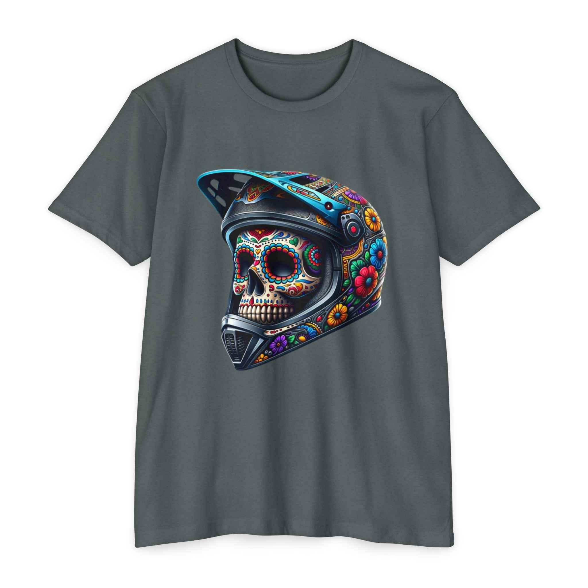 Gray Skull Candy Men's T-Shirt showcasing a vivid skull in helmet print. Ideal for casual, breathable fashion.