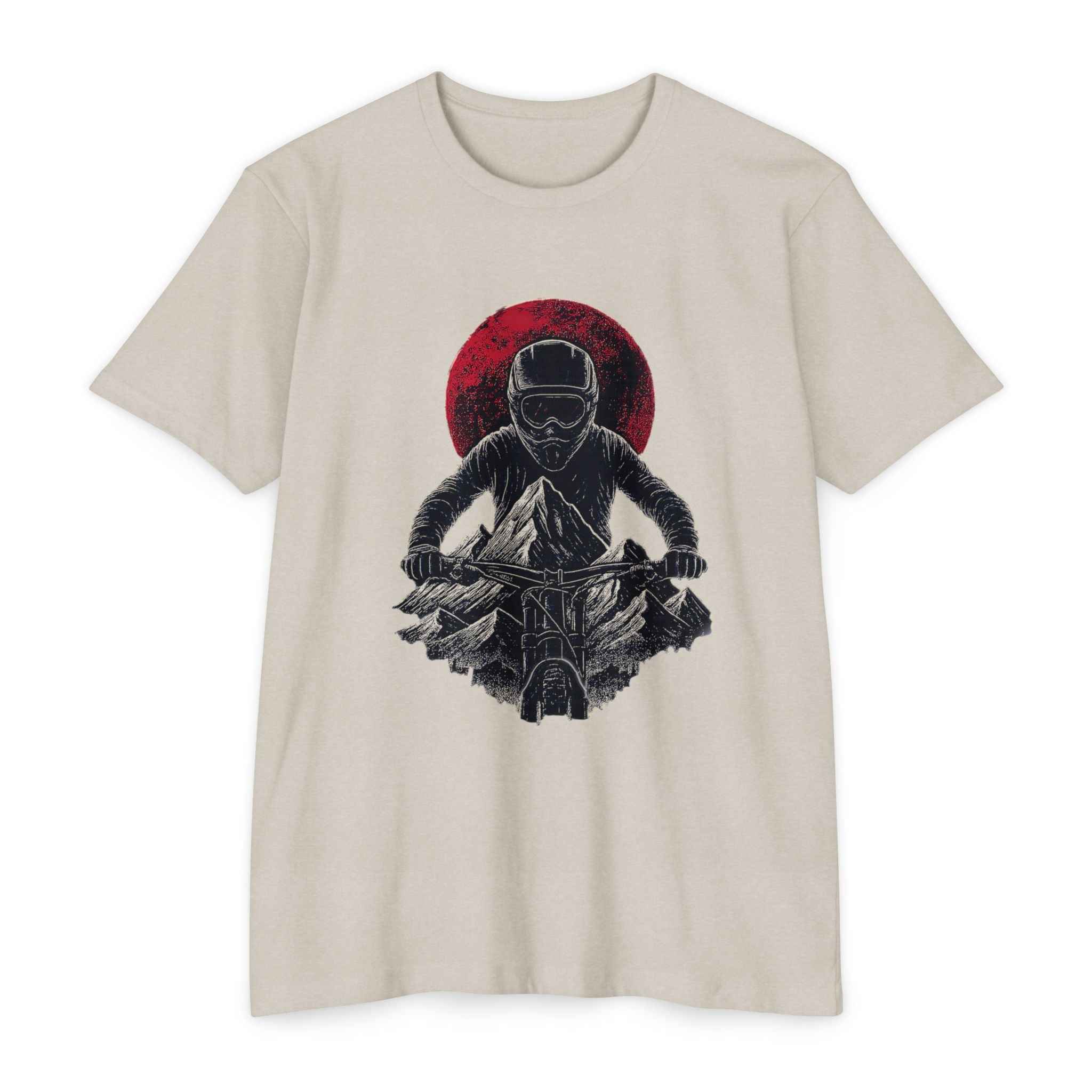 Downhill Rush Rider Shirt in beige featuring a mountain biker graphic and red sun, perfect for casual adventure cycling apparel.