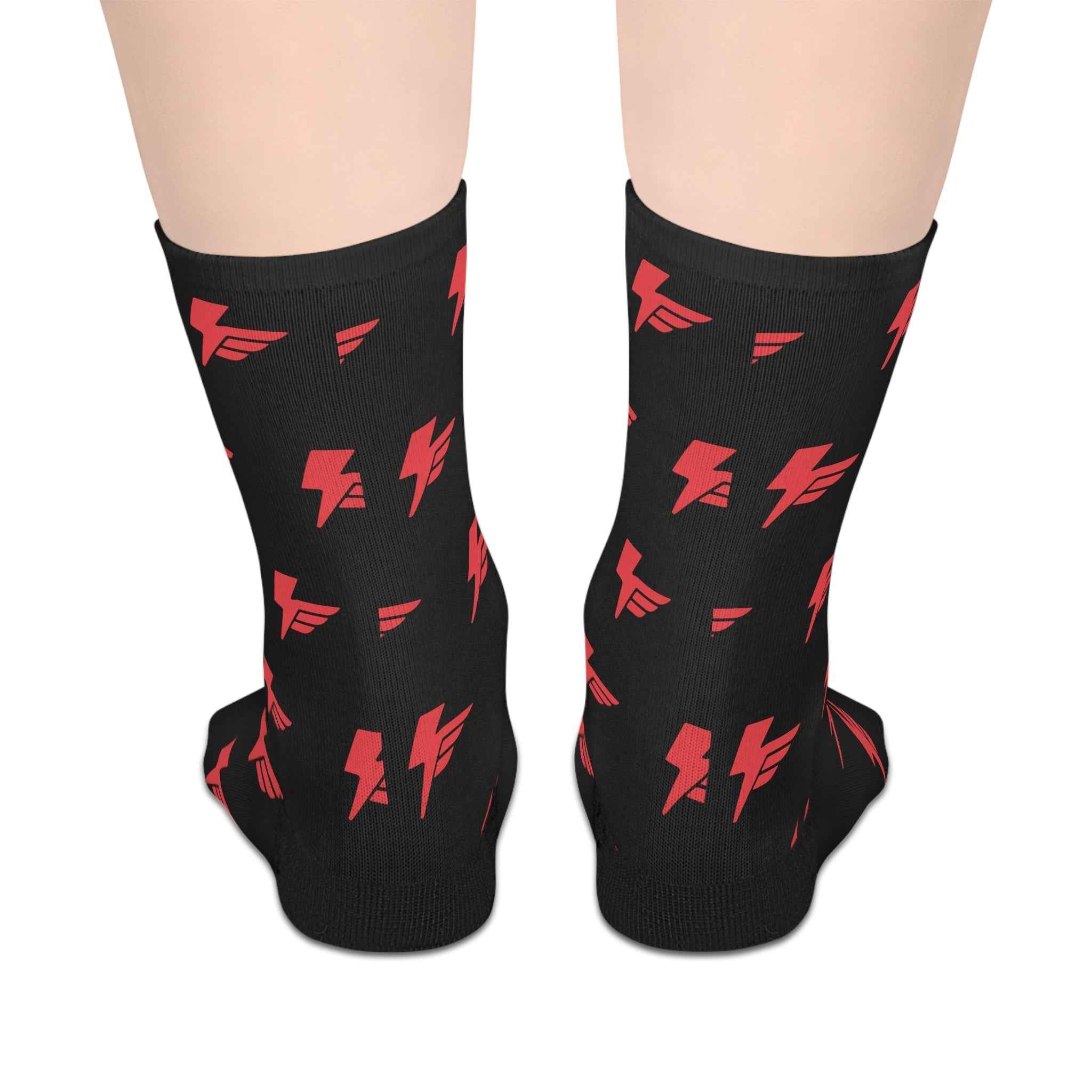 Mid-length stylish socks for riders with red electric lightning and wing motifs on black fabric. Crew socks designed for comfort and trail performance.
