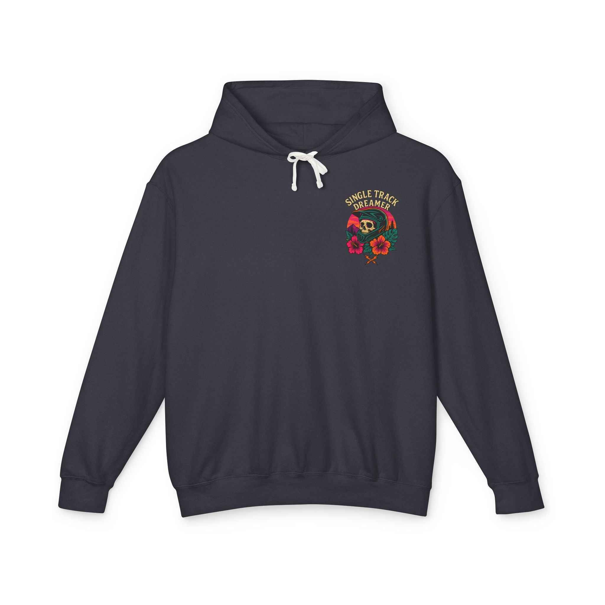 Dark gray Skull Sunset Lightweight Hoodie for Adventure Lovers with vibrant skull helmet and hibiscus chest print.
