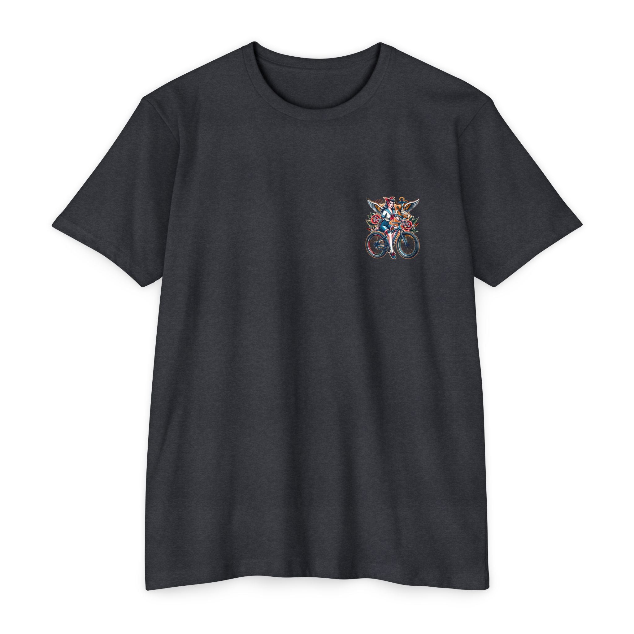 Black t-shirt with a colorful graphic on the chest against a white background