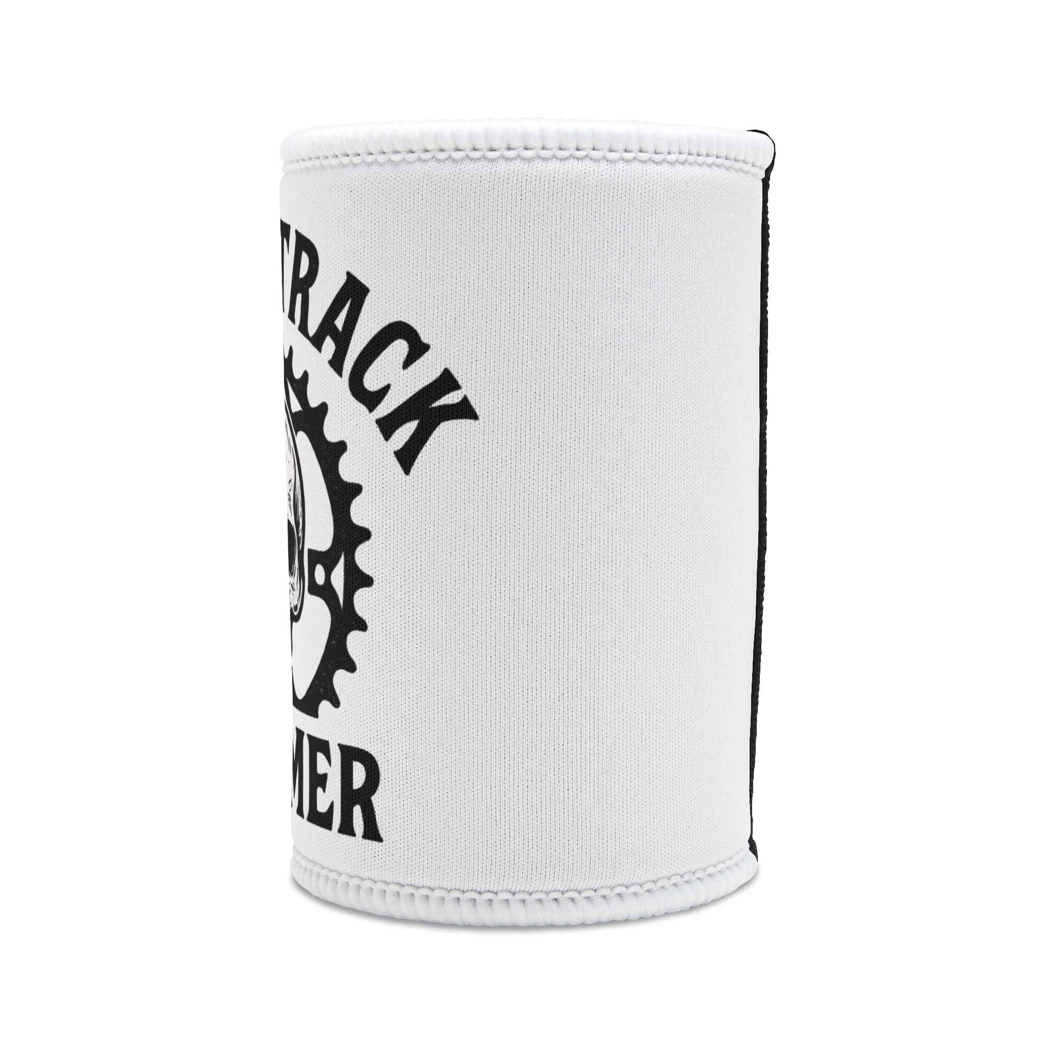 Angled side view of Skull Stubby Cooler for Bikers highlighting the smooth neoprene surface and partial skull gear graphic for MTB enthusiasts.