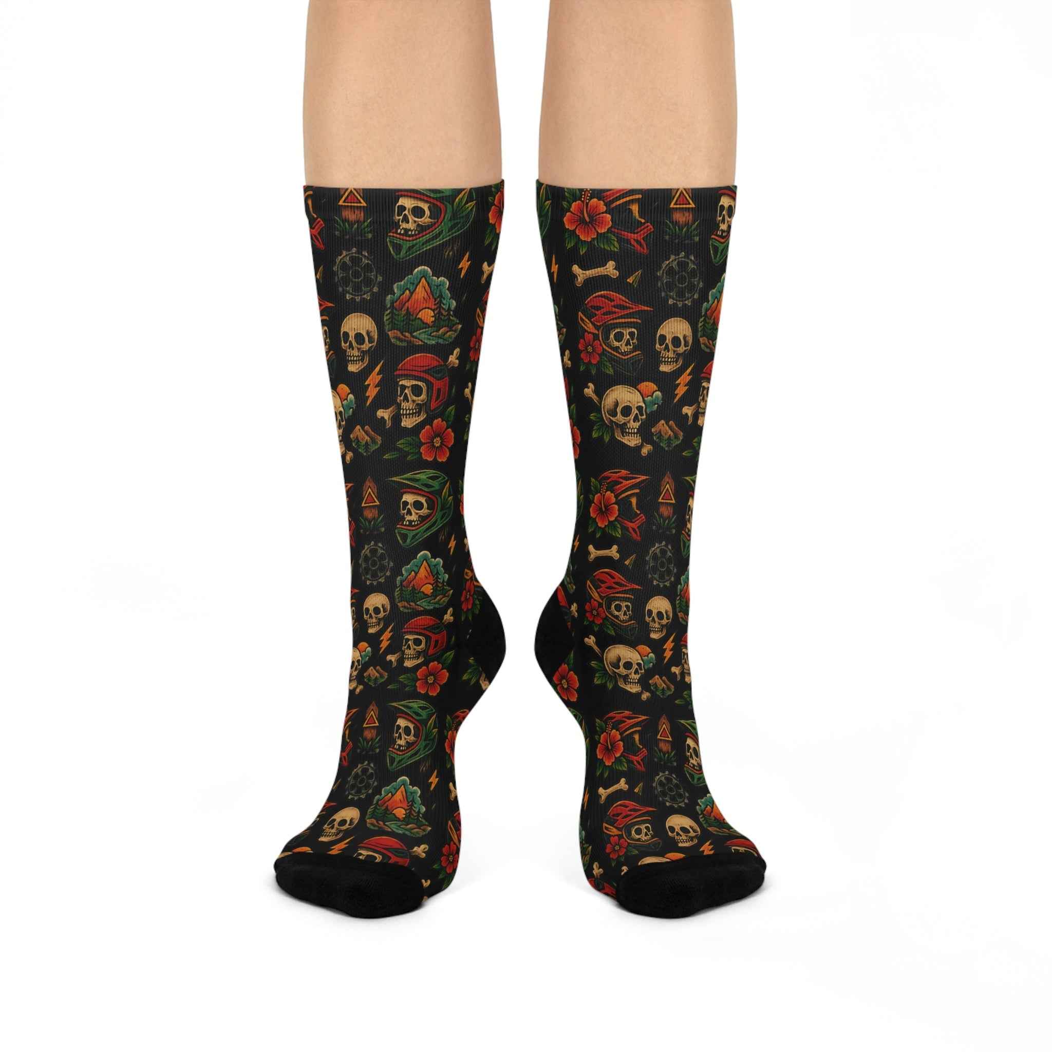 Vintage Skull Cushioned Crew Socks with bold tattoo-style skulls, flowers, and biker motifs. Stylish and comfortable for everyday wear.