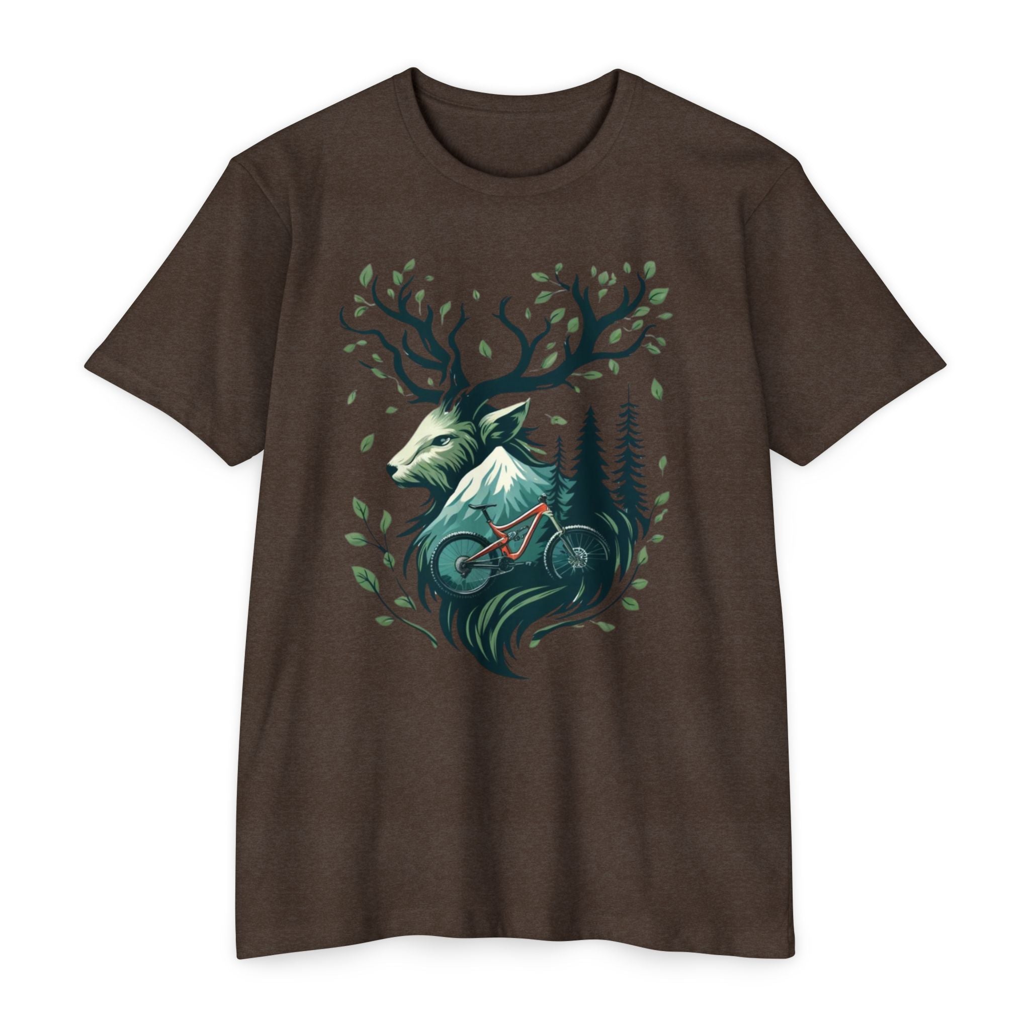 Dark brown graphic tee with forest deer and red mountain bike artwork. Great for women who enjoy wildlife and mountain biking.