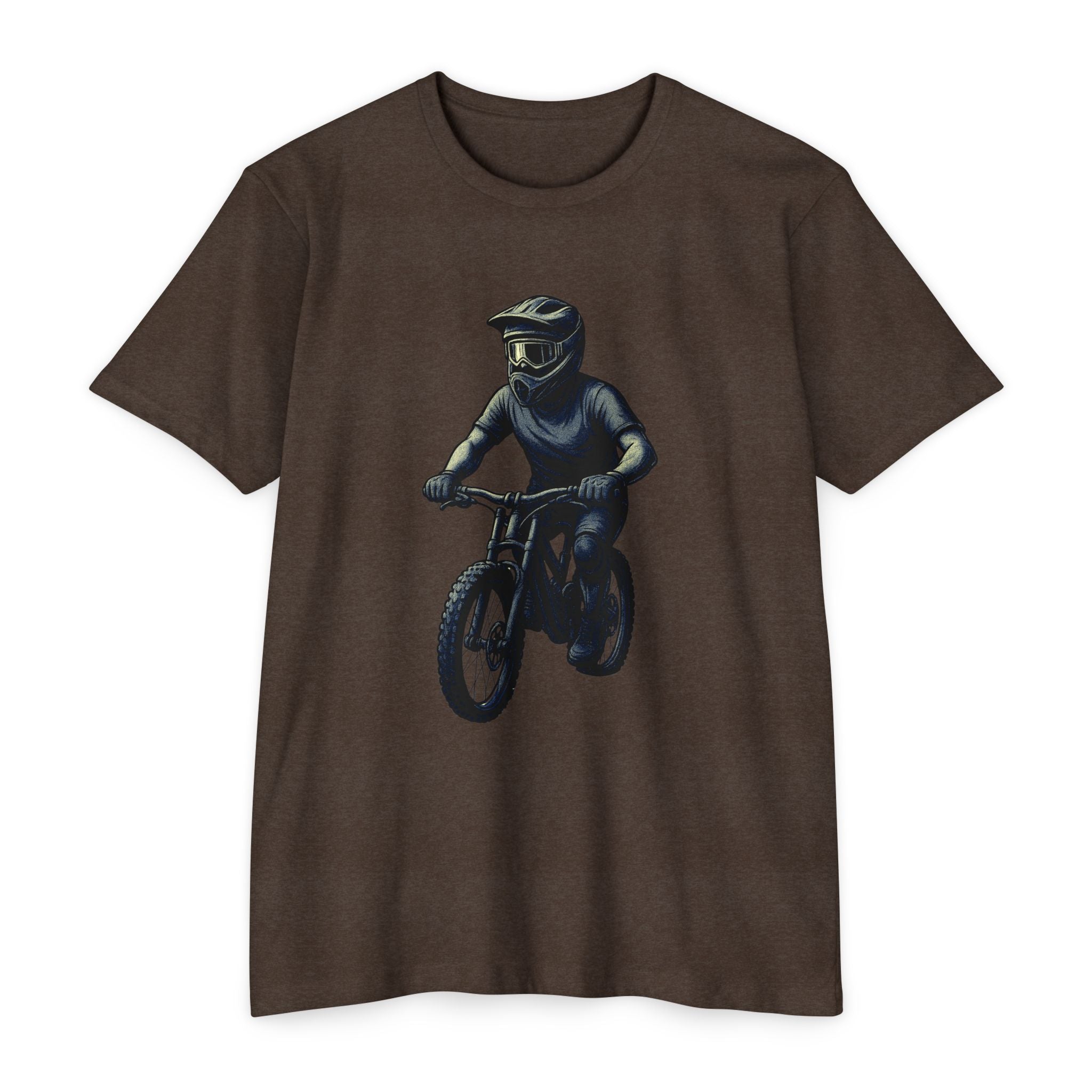 The Downhill Spirit - Vintage MTB Rider Tee in brown showcasing a downhill cyclist graphic. Breathable and stylish for biking or streetwear.