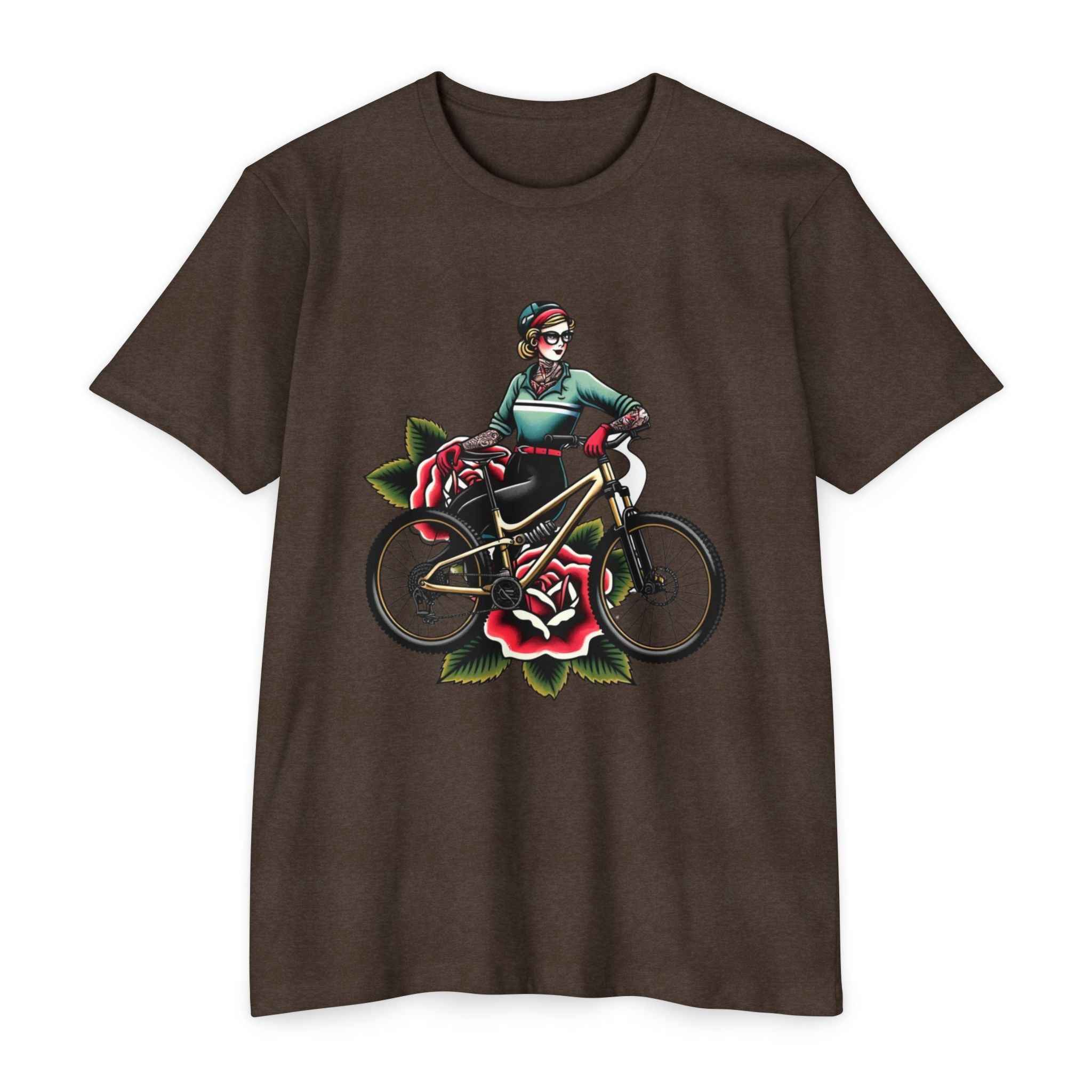 Women's MTB Tee - Vintage Rose Tattooed Rider Shirt in brown with bold biker girl and rose tattoo graphic, ideal for mountain bike lovers.