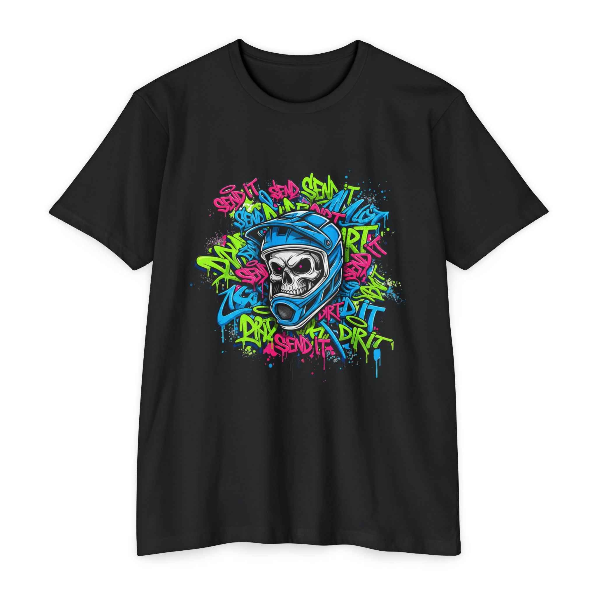 Men's Graffiti Skull T-Shirt in black with vibrant graffiti skull and moto helmet print, perfect for street edge fashion and rider apparel.