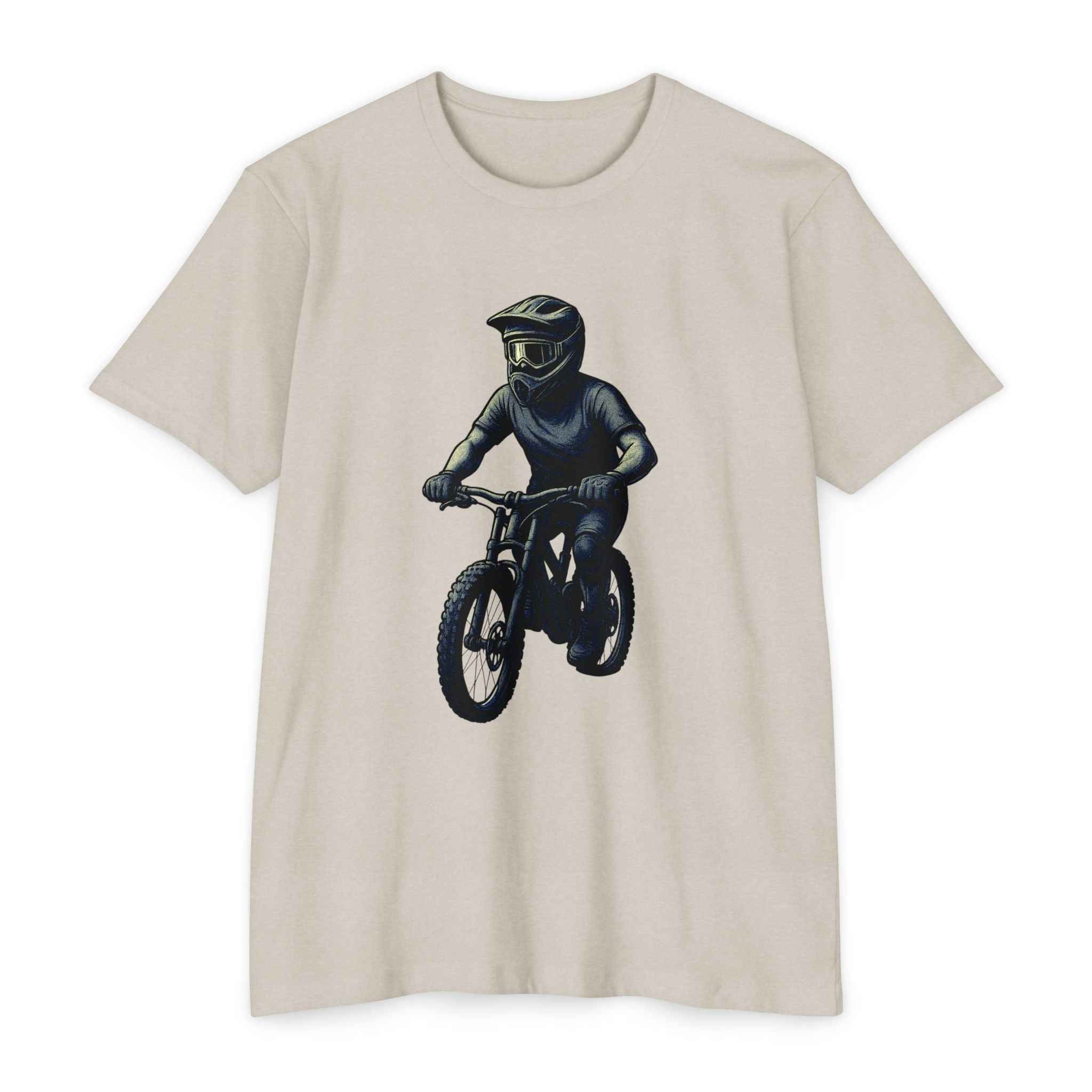 The Downhill Spirit - Vintage MTB Rider Tee in beige with a retro-style mountain biker print. Ideal for casual wear and trail enthusiasts.