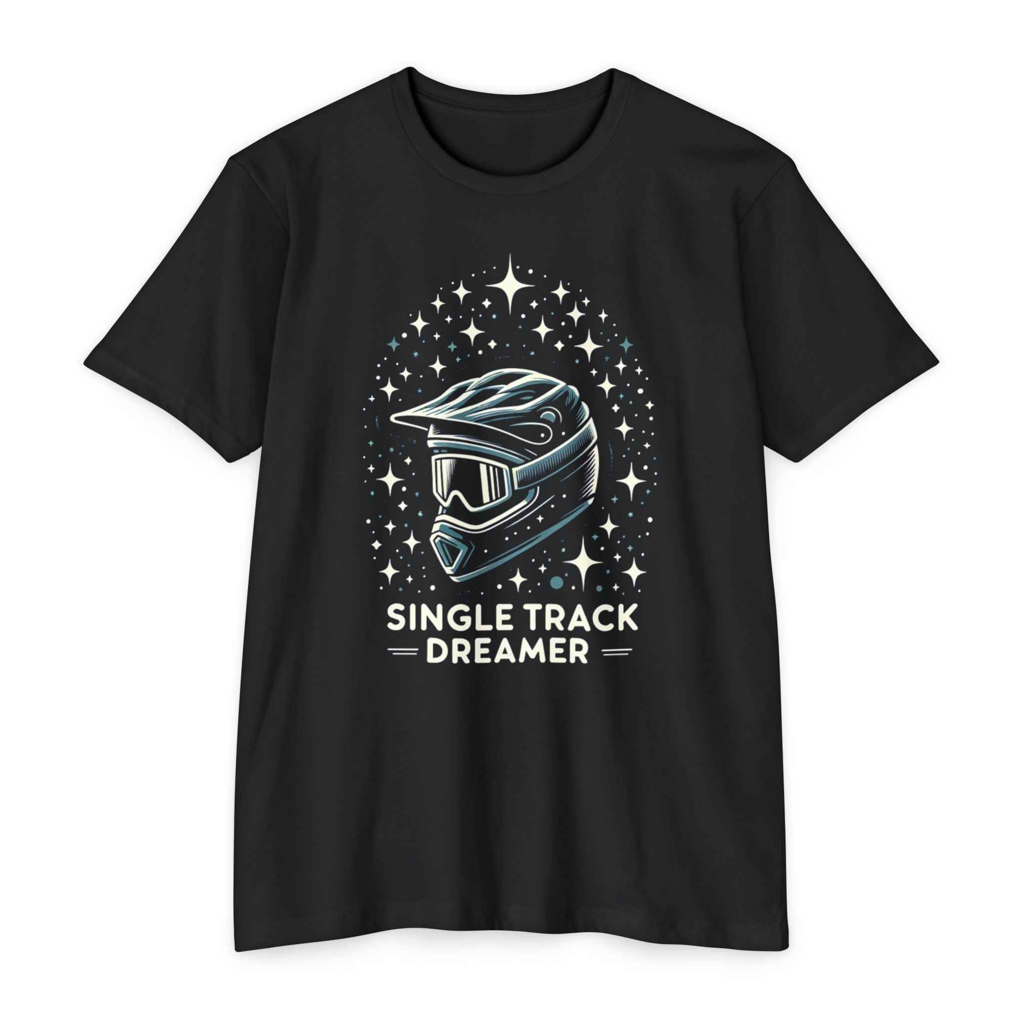 Black t-shirt with a helmet graphic and 'Single Track Dreamer' text on a white background