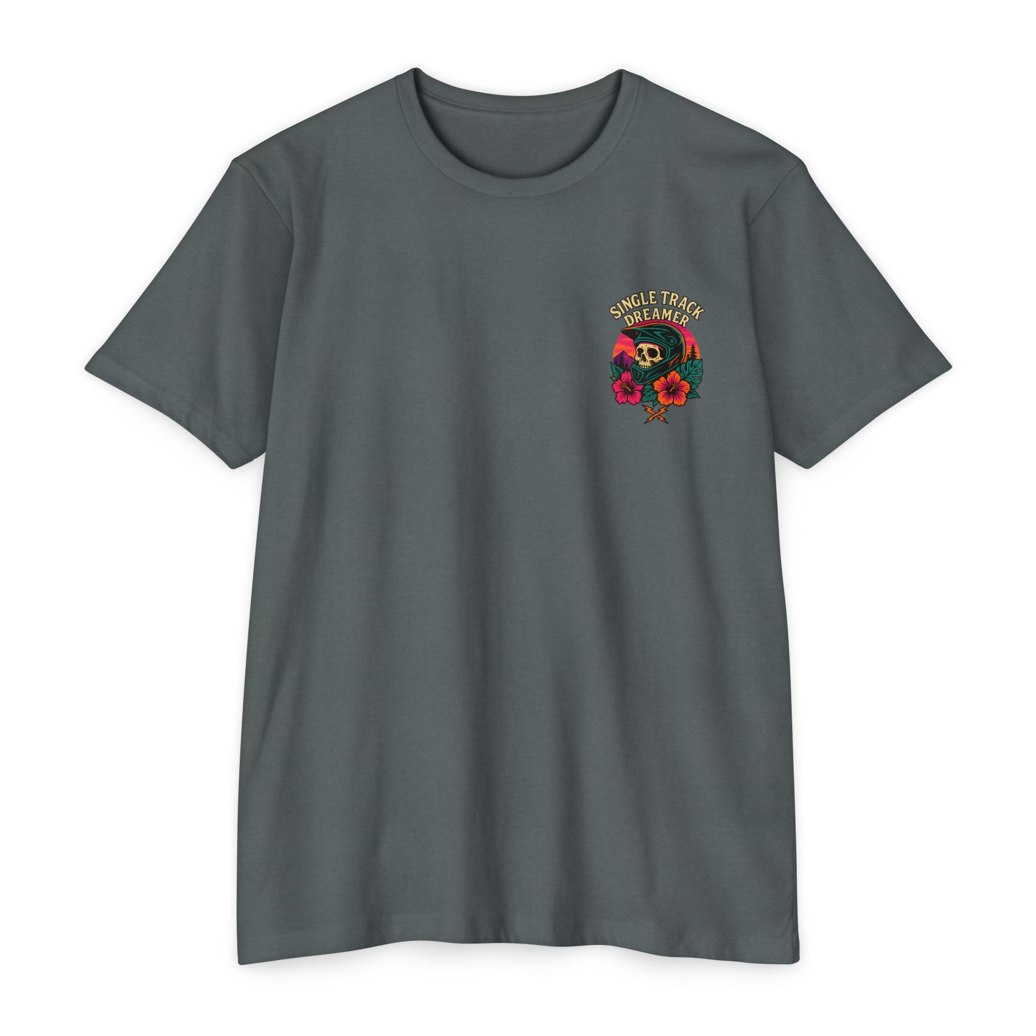 Gray t-shirt with a colorful graphic on a white background