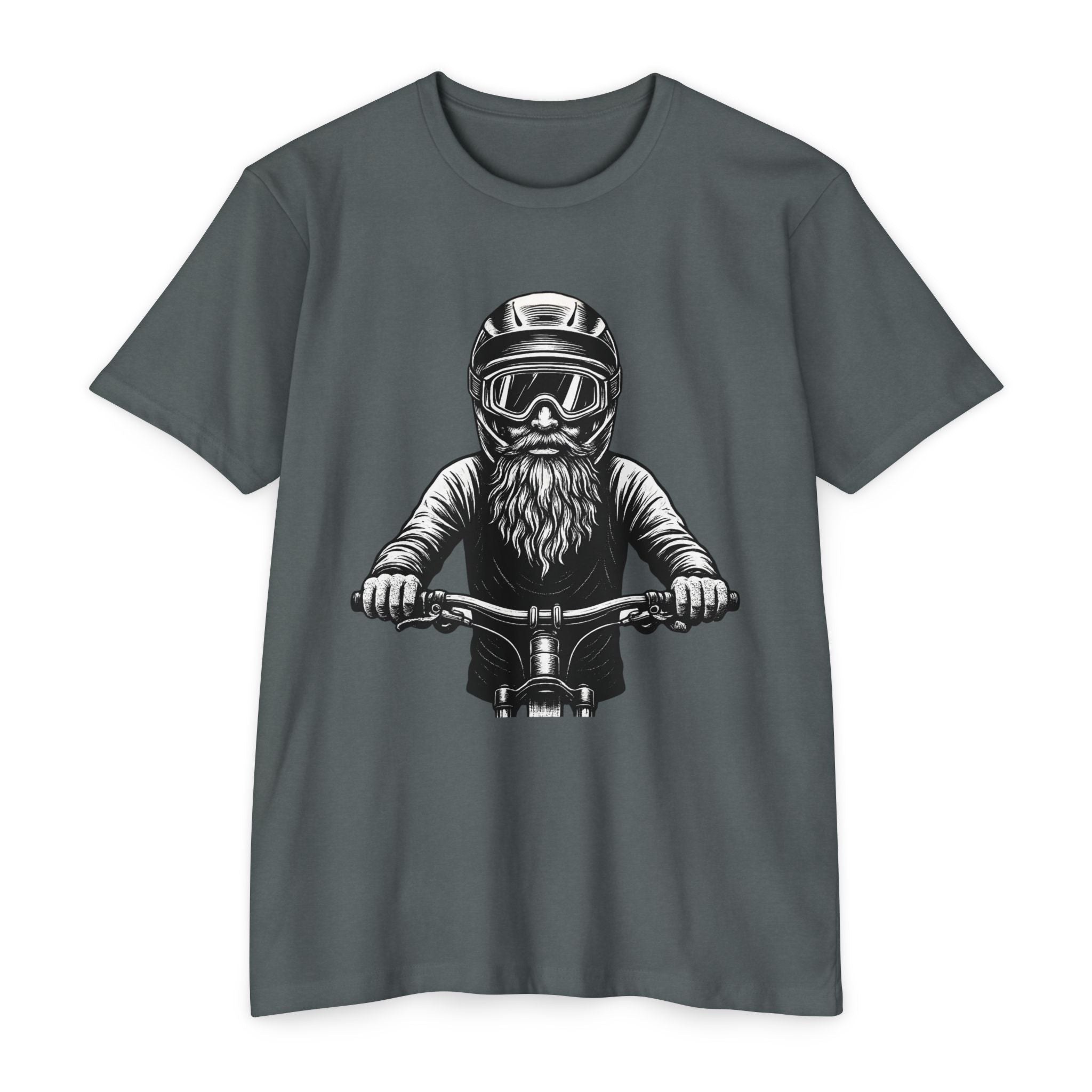 Charcoal grey vintage biker t-shirt with bearded mountain rider design. Durable cotton-poly fabric perfect for trail and streetwear.