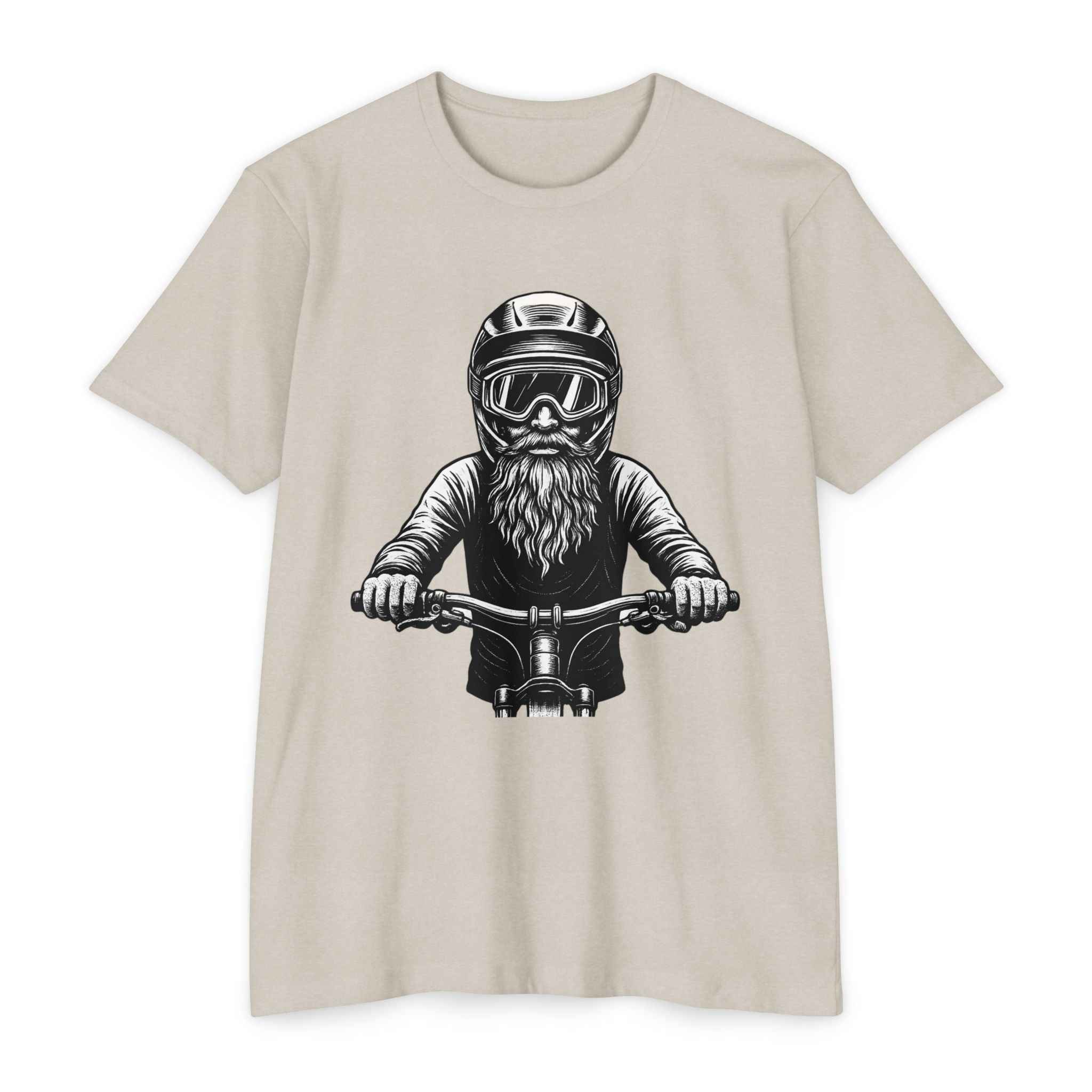 Beige vintage mountain biker tee with detailed bearded rider illustration. Lightweight and breathable for all-season MTB adventures.