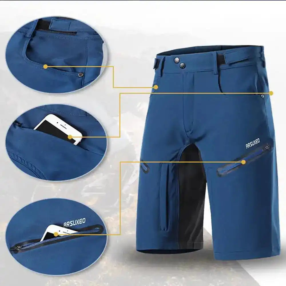 Feature breakdown of ARSUXEO MTB Shorts highlighting breathable fabric, secure zippered pockets, and phone storage capability.
