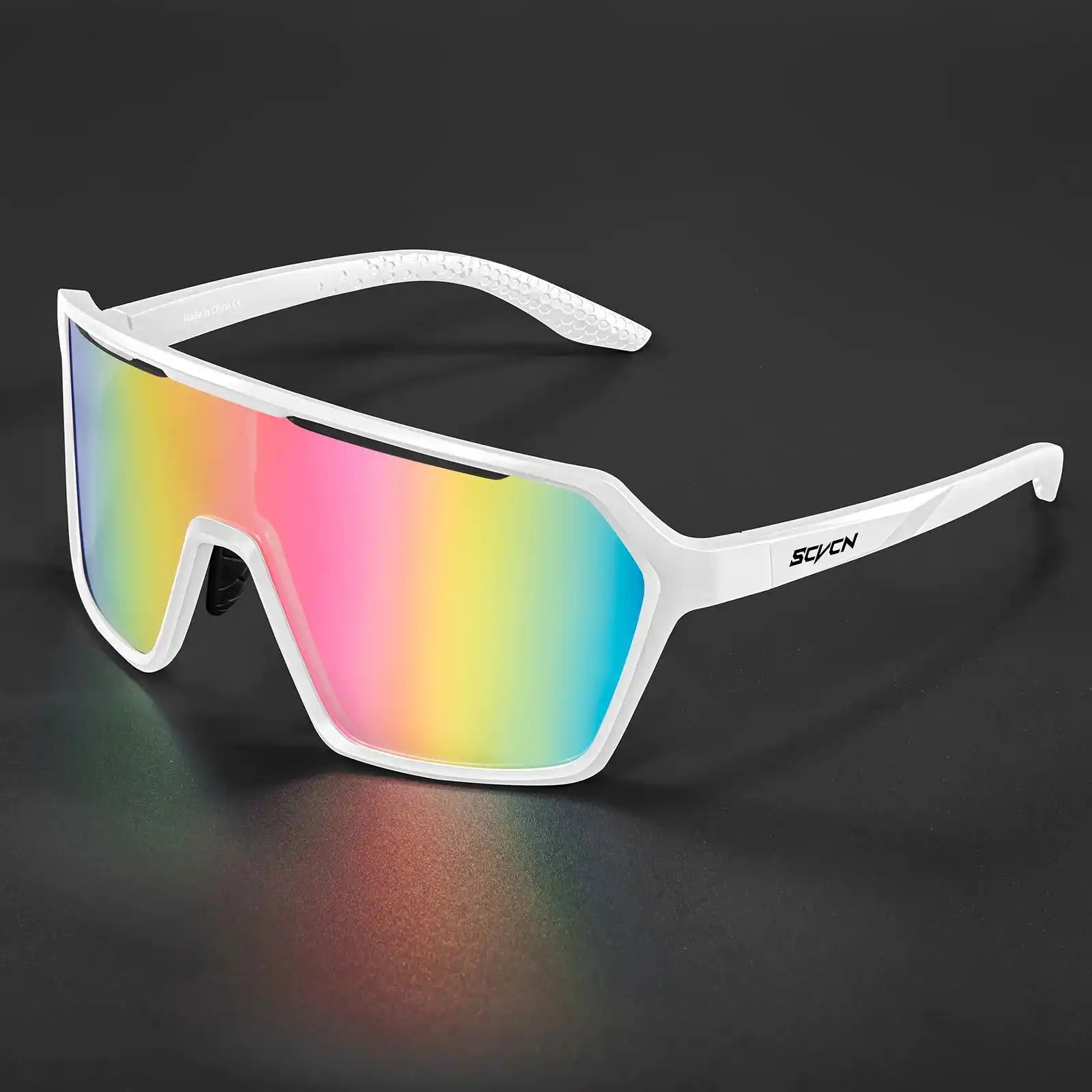 White frame cycling sunglasses with rainbow mirrored lenses, offering UV400 protection and stylish design for outdoor sports.