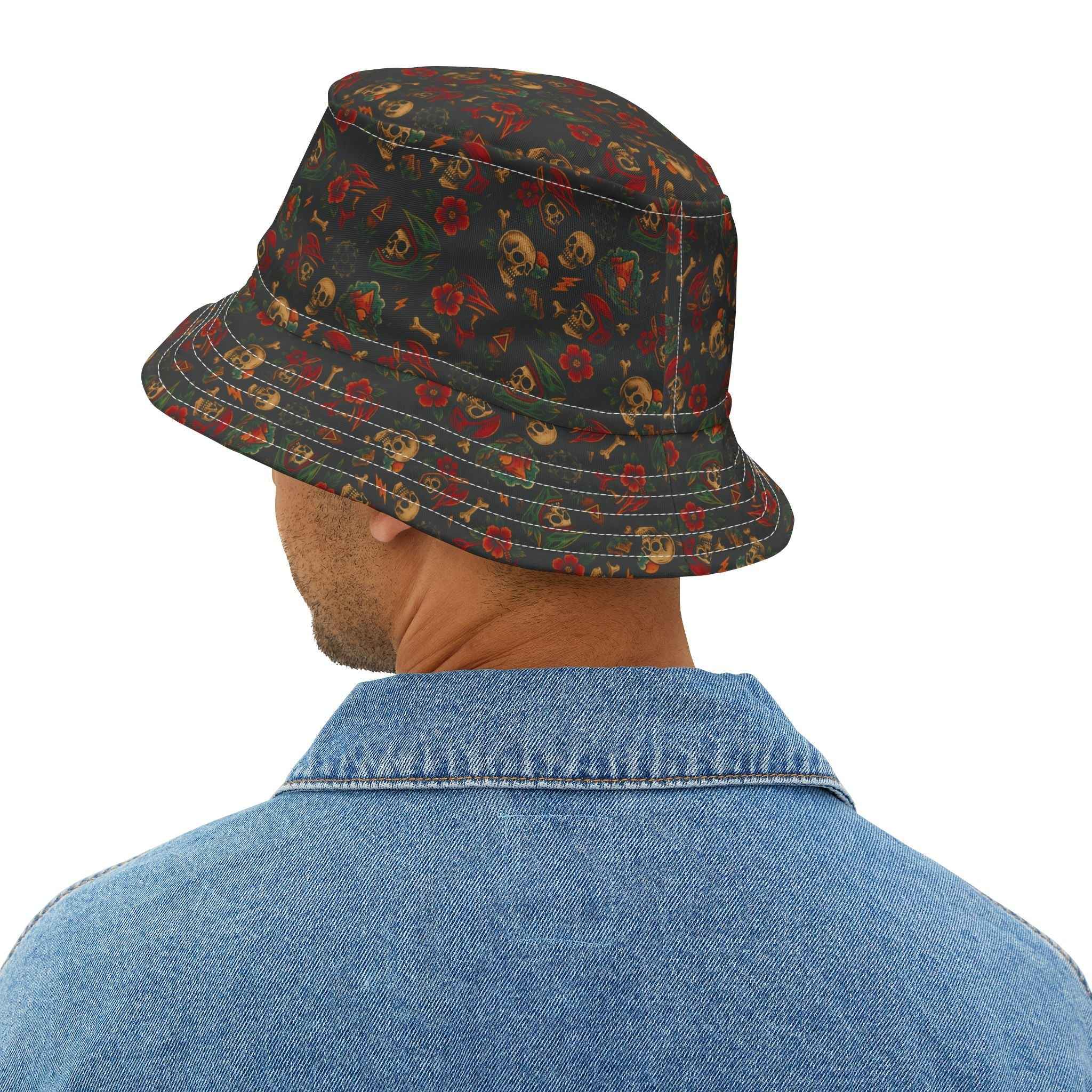 Back view of Skull Bucket Hat worn by man, highlighting the unique skull pattern and retro floral design for casual fashion appeal.