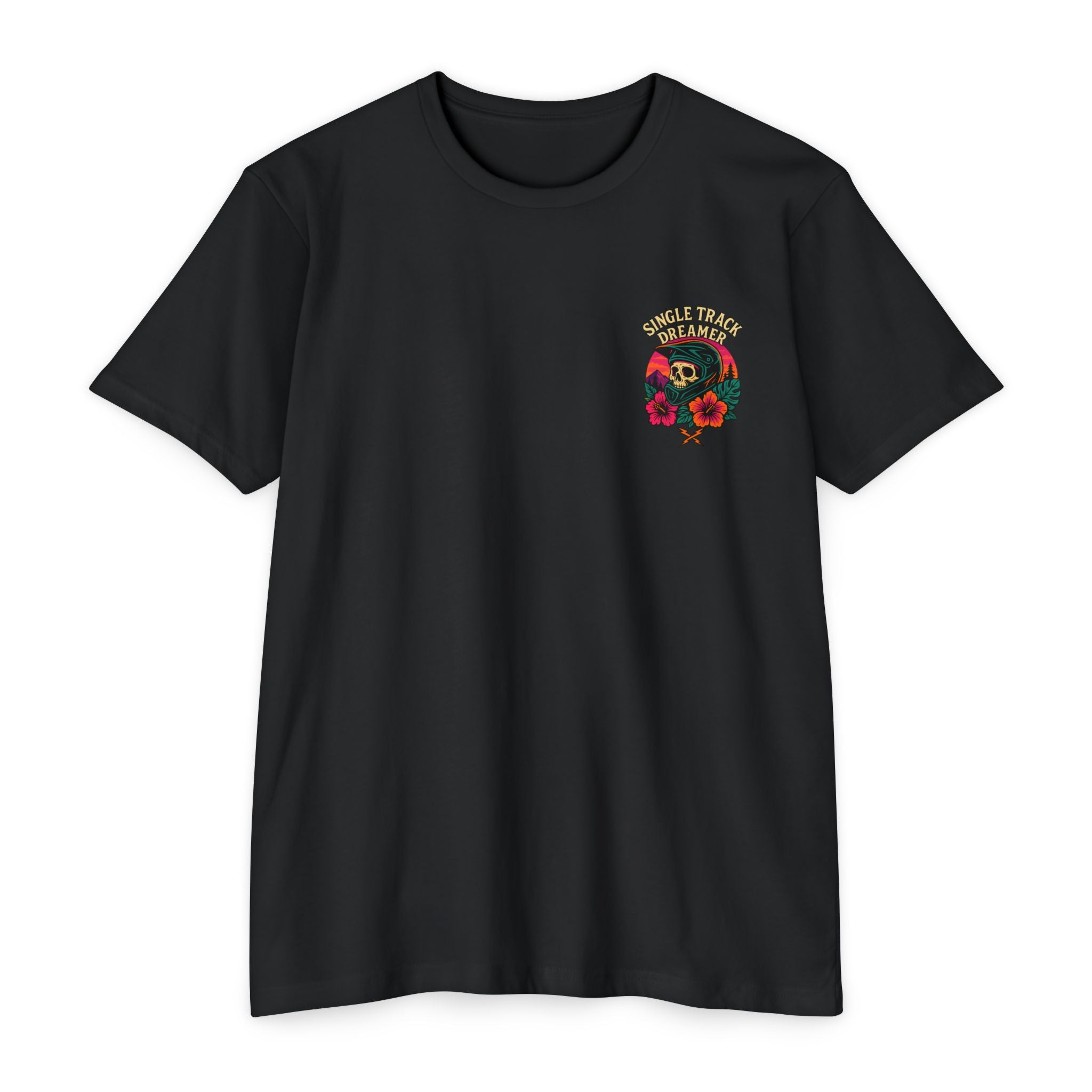 Black t-shirt with colorful graphic and text on a white background