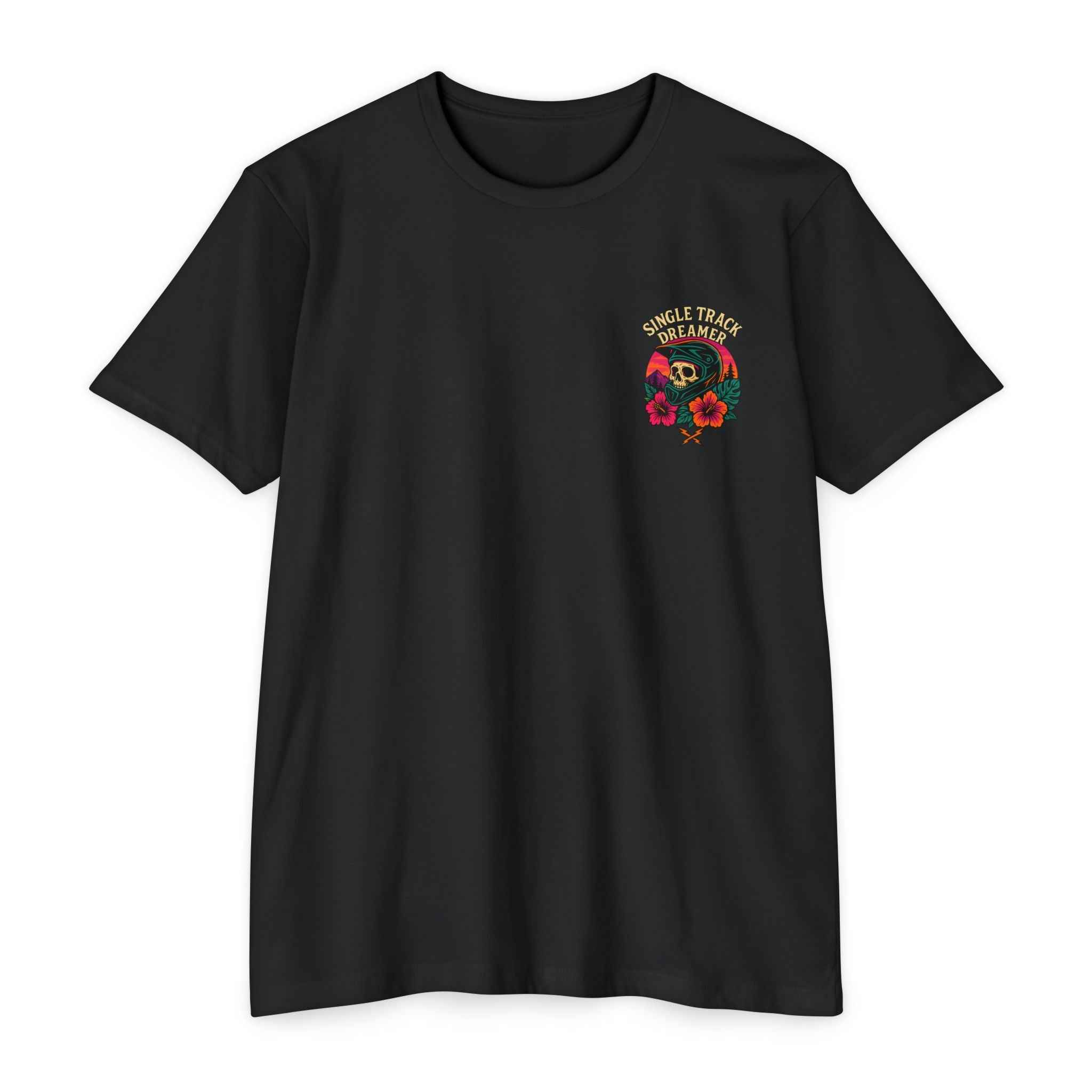 Black t-shirt with colorful graphic and text on a white background