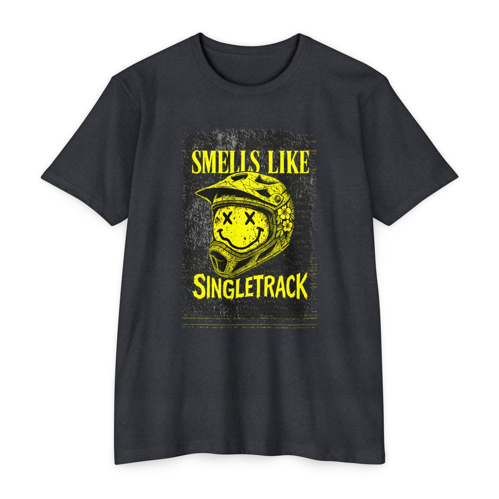 Black t-shirt with yellow graphic and text 'Smells Like Singletrack' on a white background