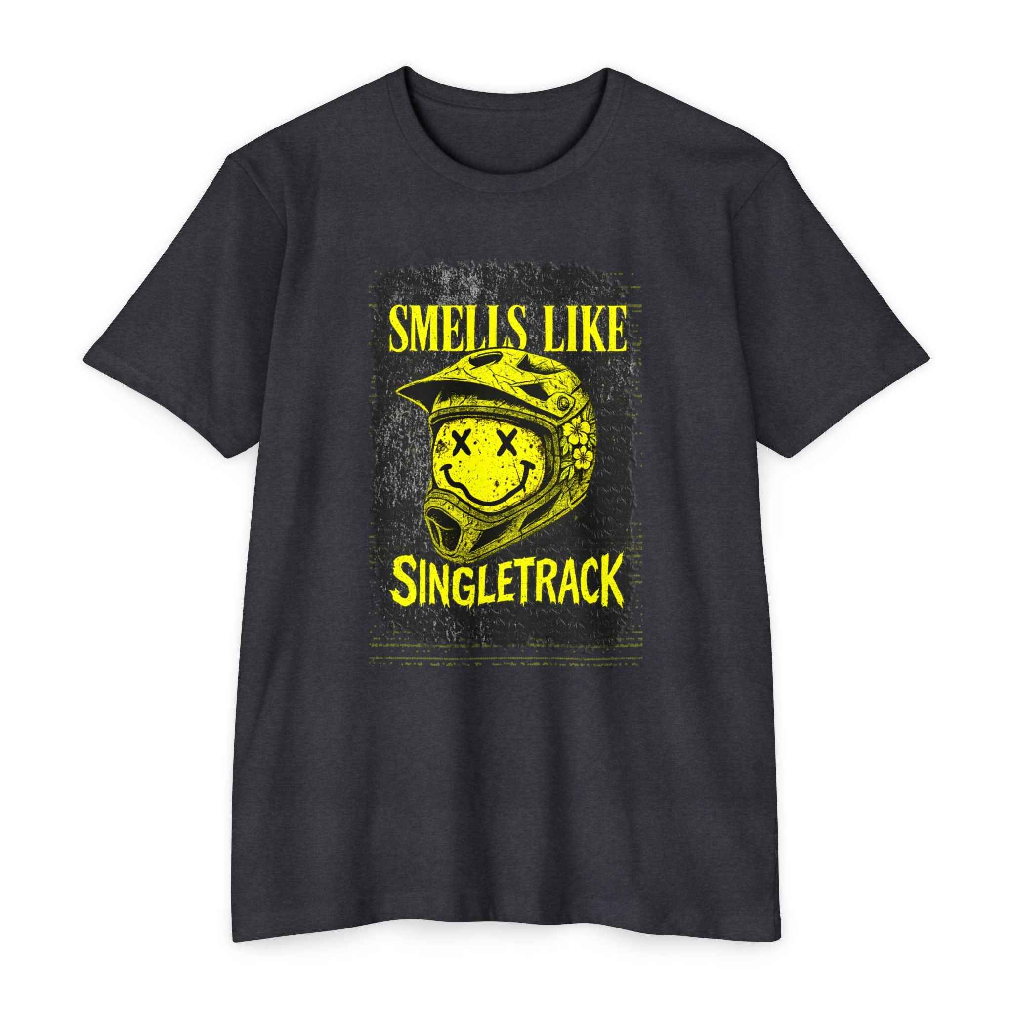 Dark heather gray Singletrack Mountain Biker T-Shirt with edgy yellow helmet print. Trendy summer shirt for bike lovers and weekend wear.