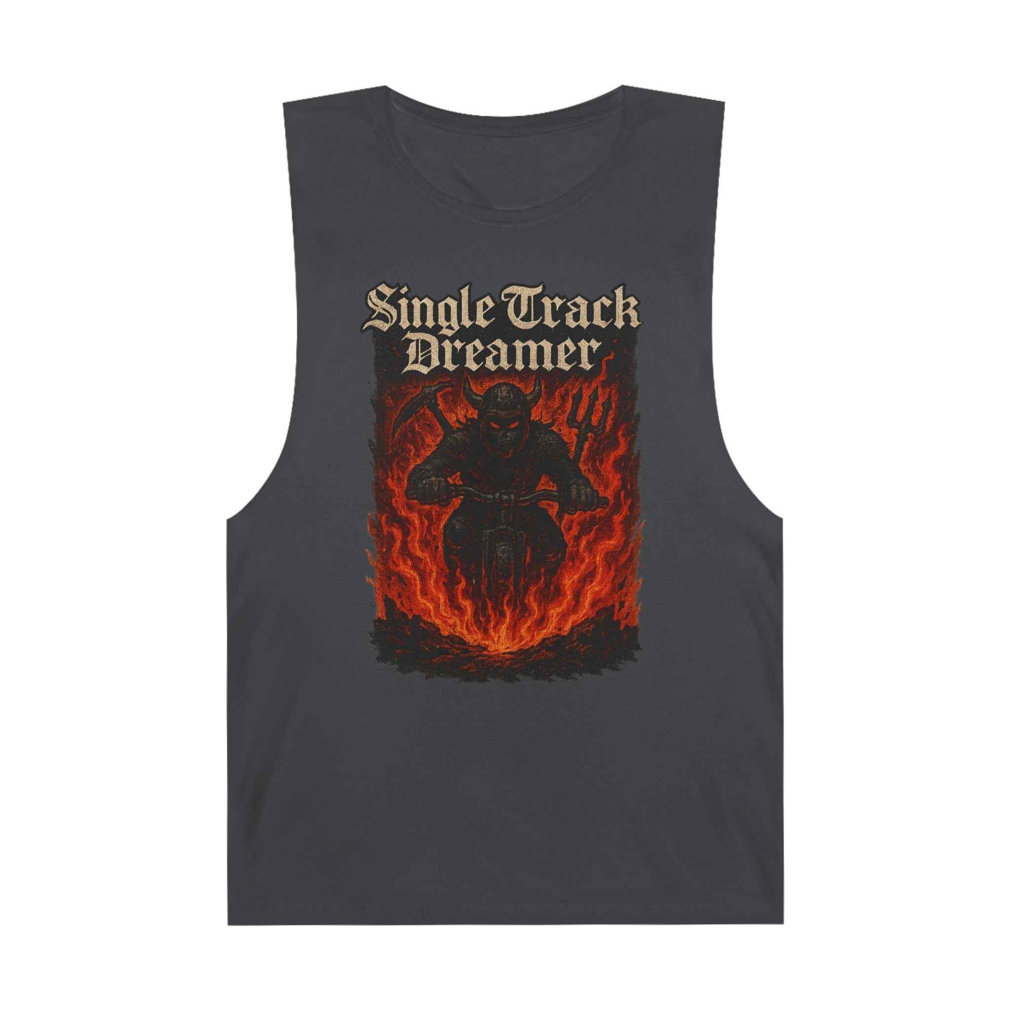 Dark gray Men's Mountain Bike Tank Top with bold flaming biker artwork and gothic lettering, perfect for festival attire or casual summer wear.