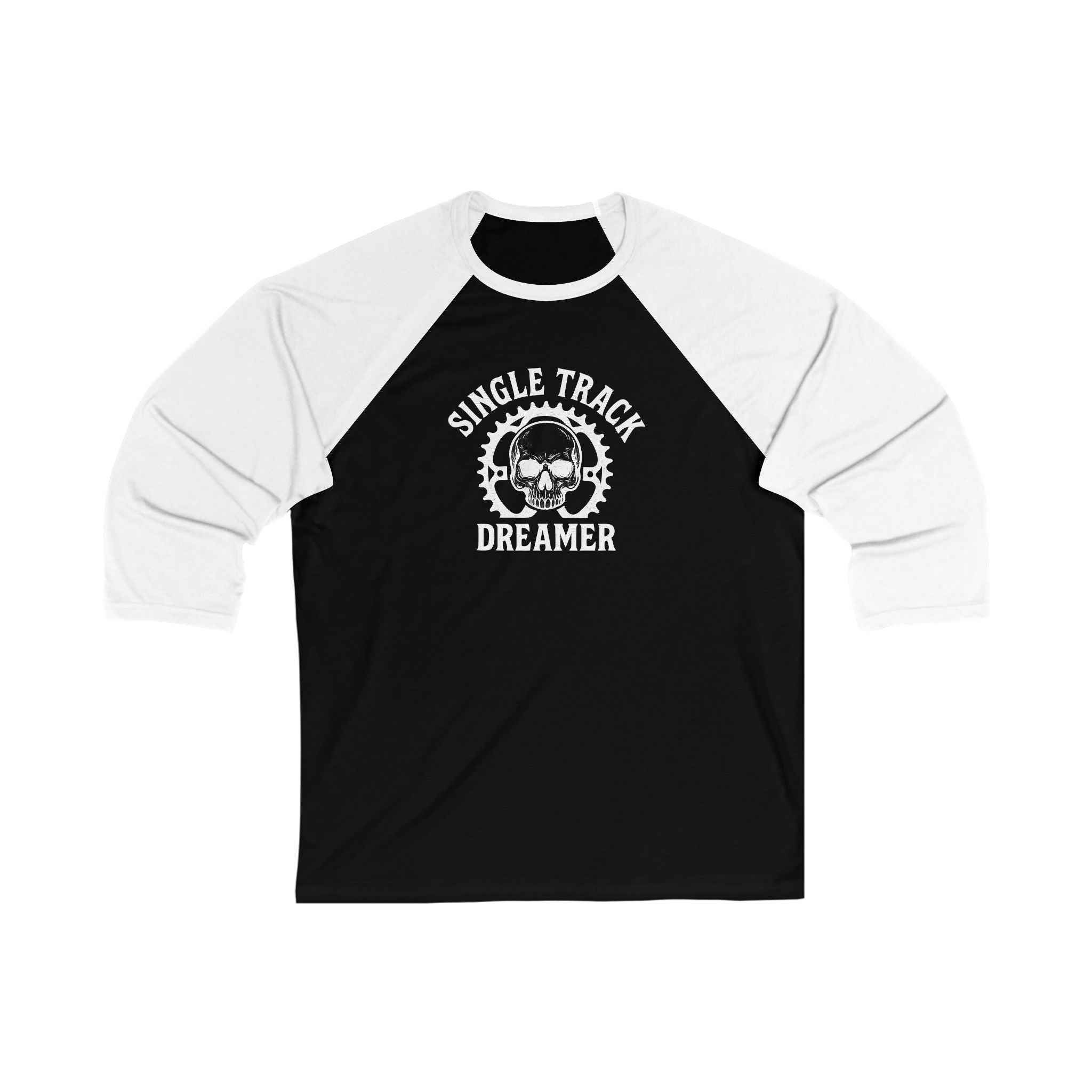 Black unisex 3/4 sleeve tee with white sleeves and bold 'Single Track Dreamer' skull design, perfect for sporty and everyday style.