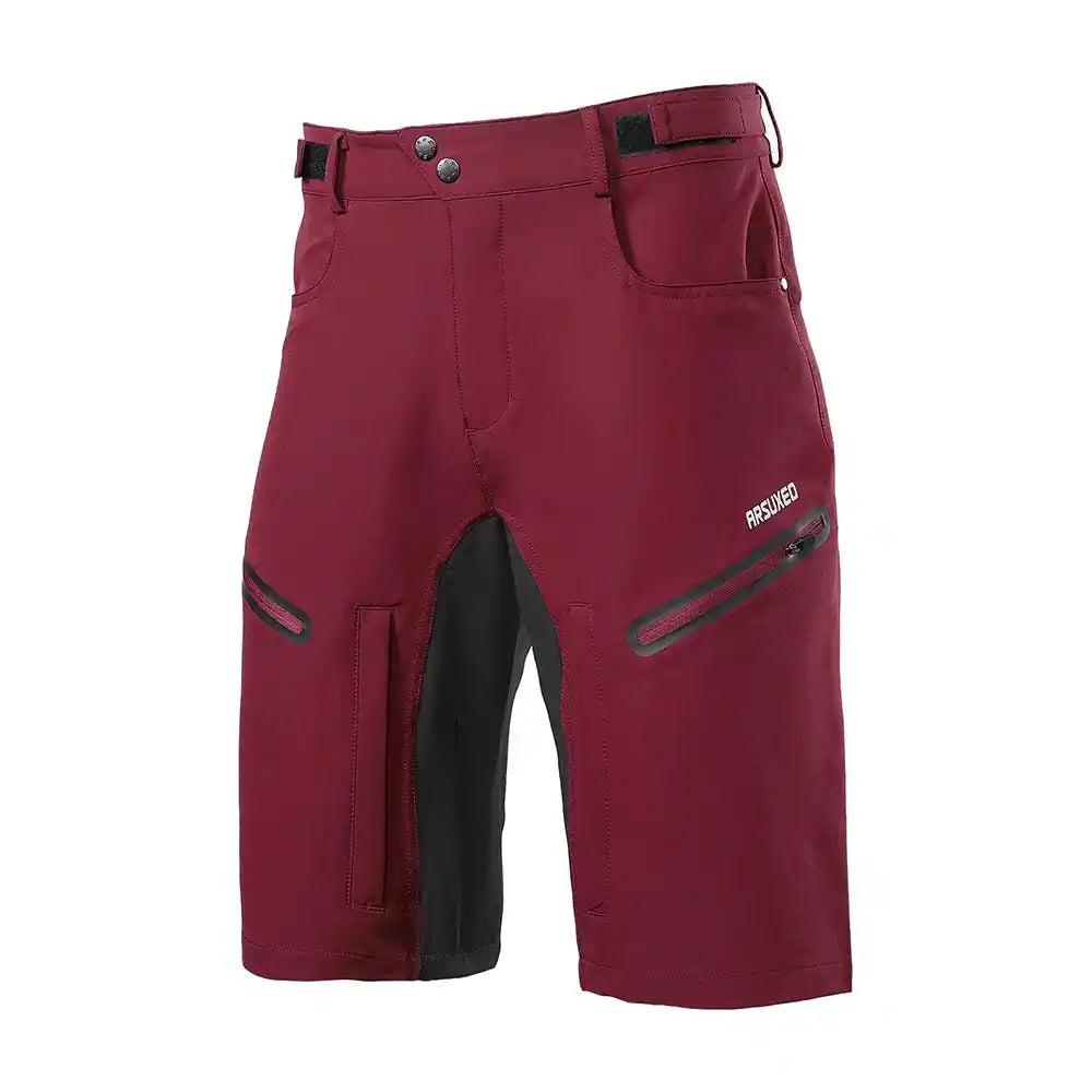 ARSUXEO MTB Shorts in deep red with breathable mesh, quick-dry material, and secure zippered pockets for outdoor cycling activities.