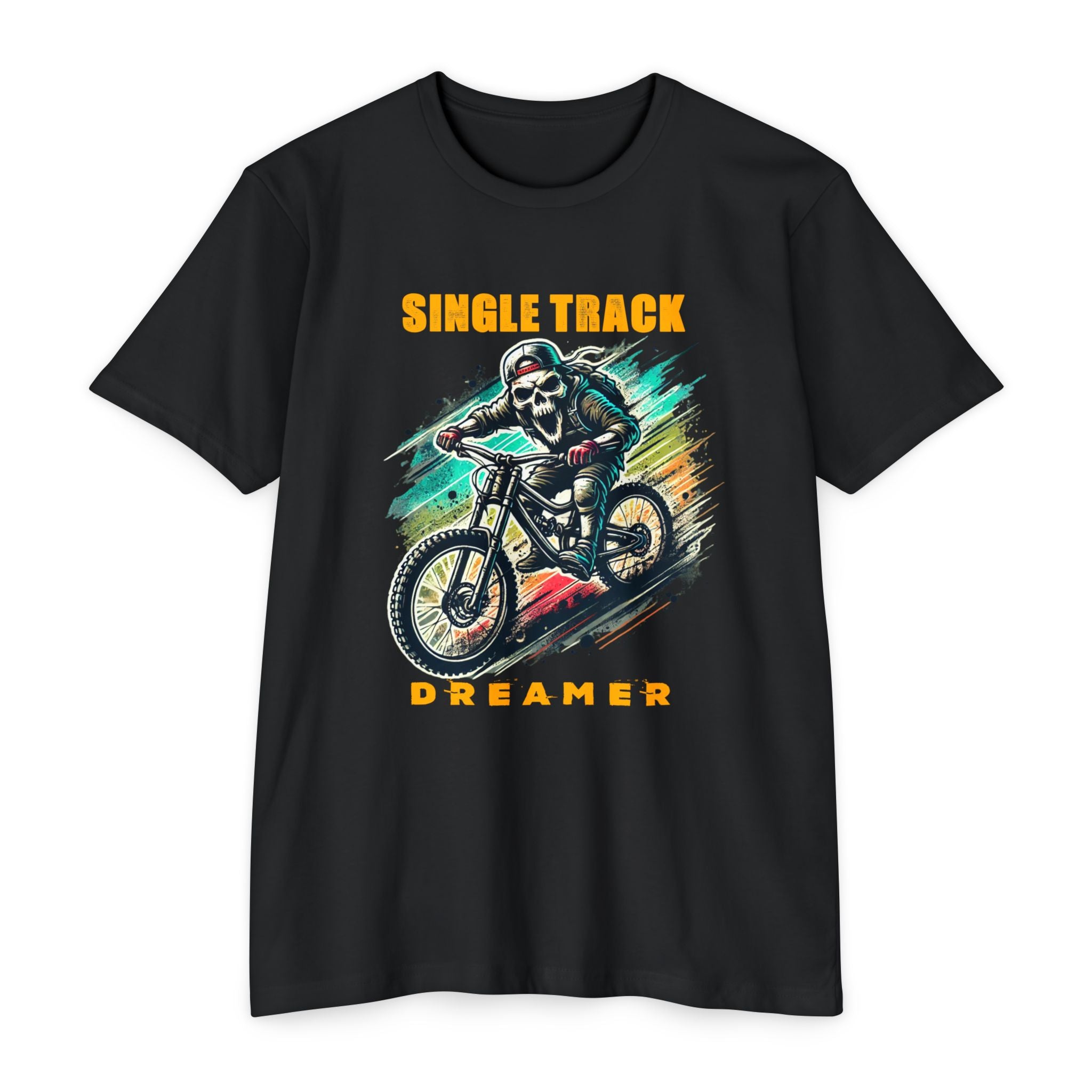 Black t-shirt with a graphic of a skeleton riding a bike and text 'Single Track Dreamer' on a white background.
