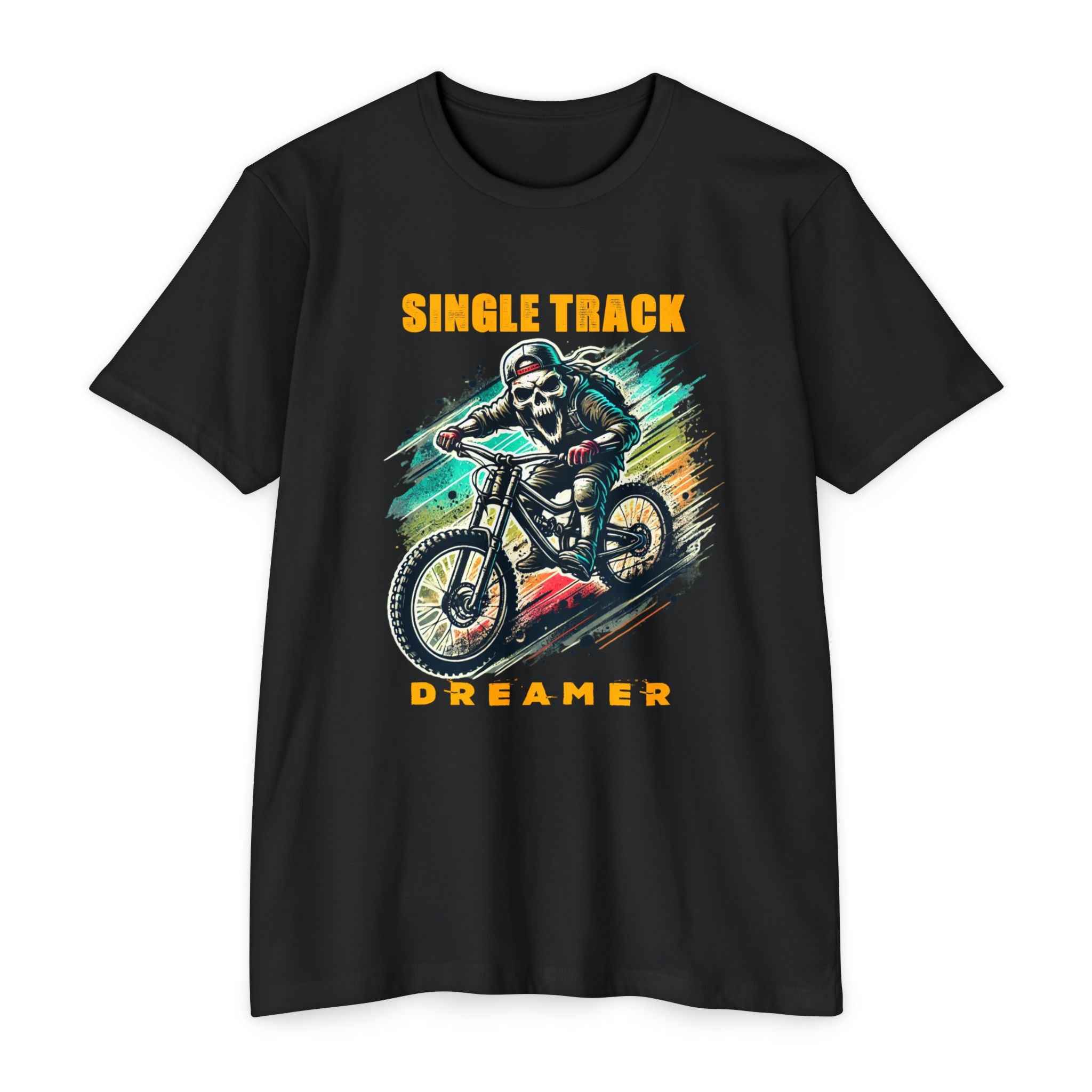 Black Skull Rider – Single Track Dreamer Men’s CVC Jersey Mountain Bike T-Shirt with dynamic skull rider artwork and 'Single Track Dreamer' text.
