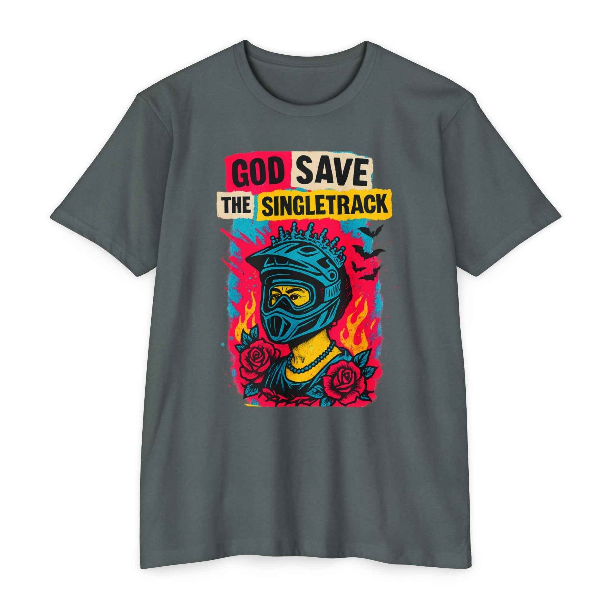 Charcoal gray Mountain Biker Jersey Tee featuring vibrant biker artwork and flames, perfect for casual wear and biking enthusiasts.