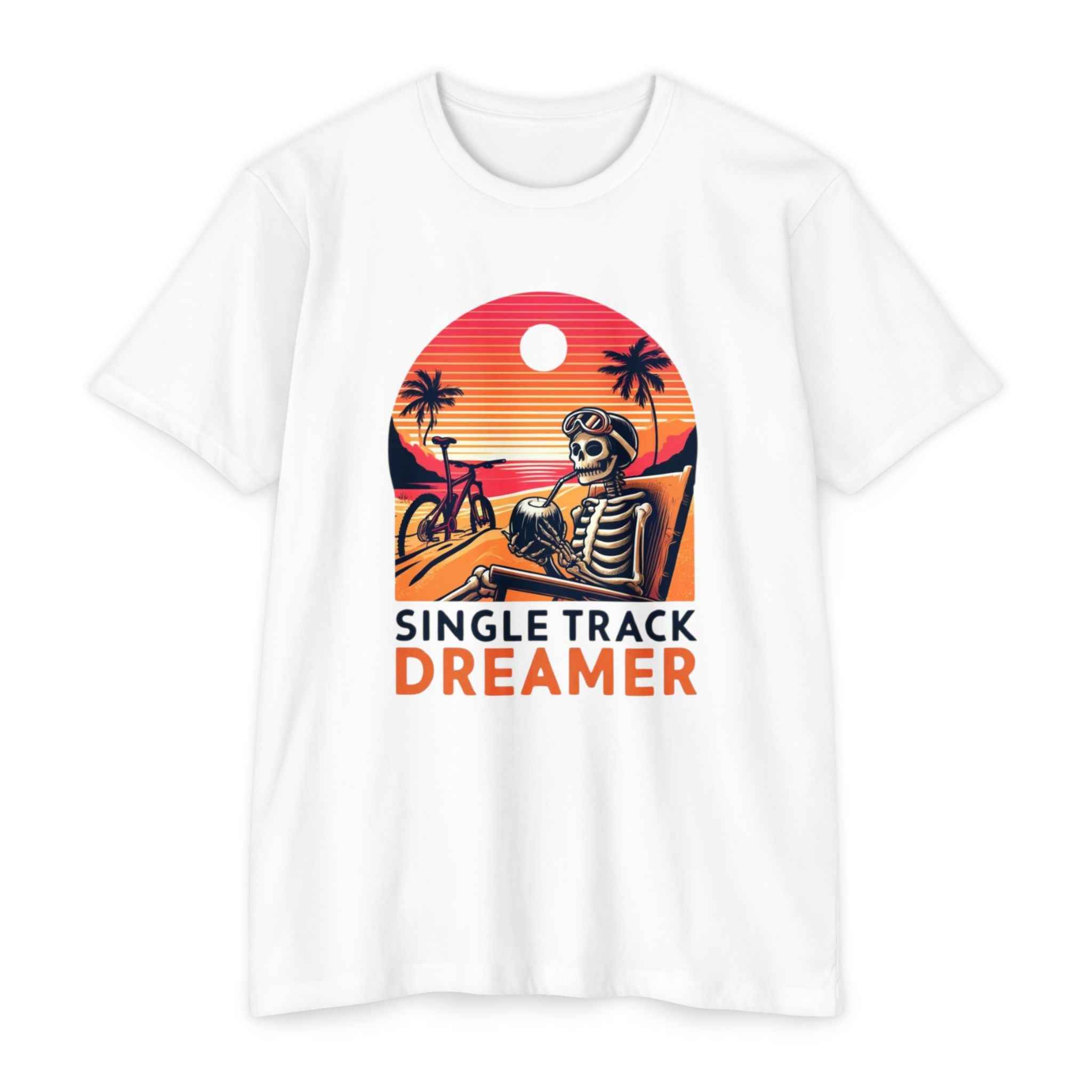 White Men's Sunset Rider Bicycle T-Shirt with vibrant skeleton beach scene and bold 'Single Track Dreamer' lettering for MTB lifestyle wear.