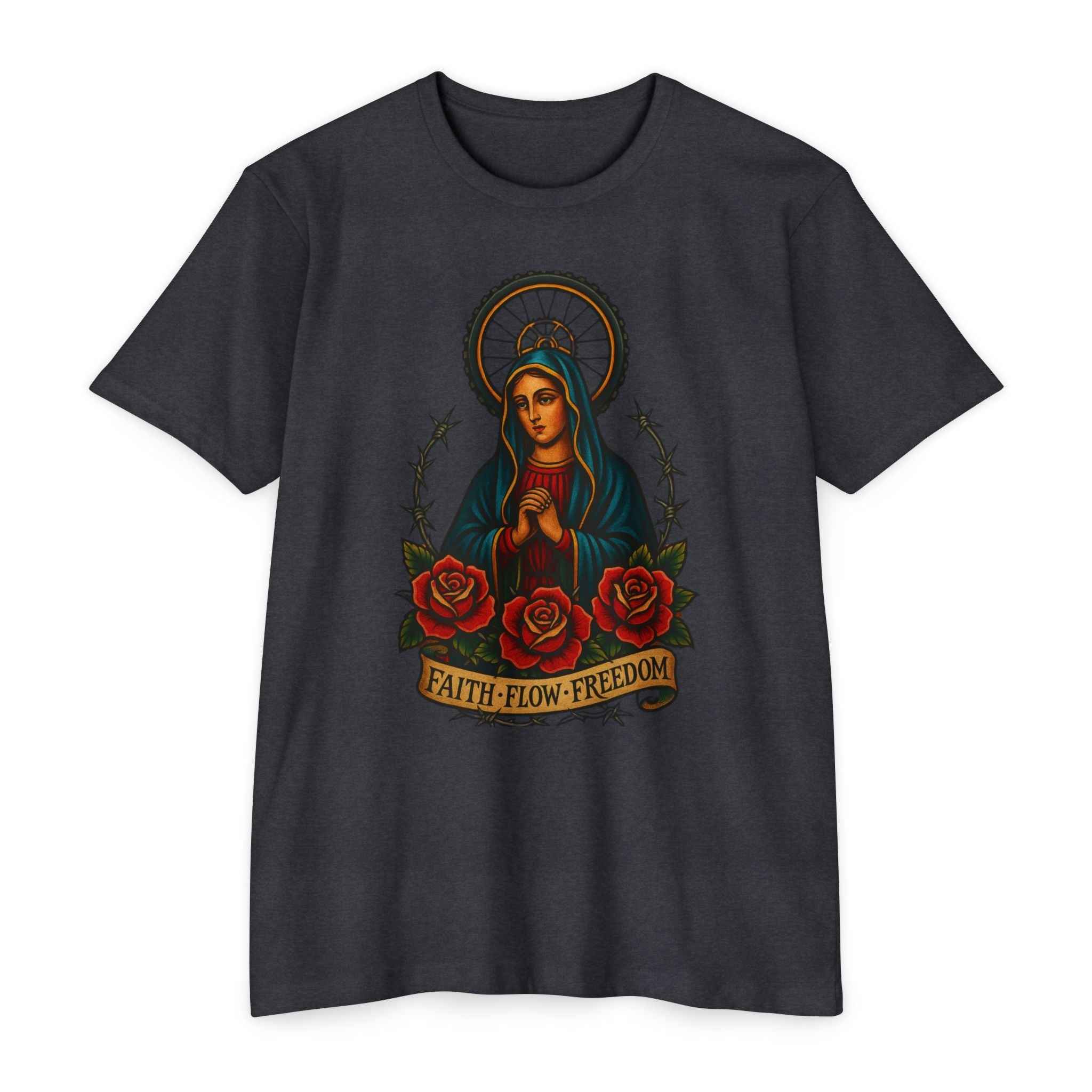 Dark gray Men's Inspirational Tee - Faith Flow Freedom with bold Virgin Mary and rose graphic, great for casual faith-based fashion statements.