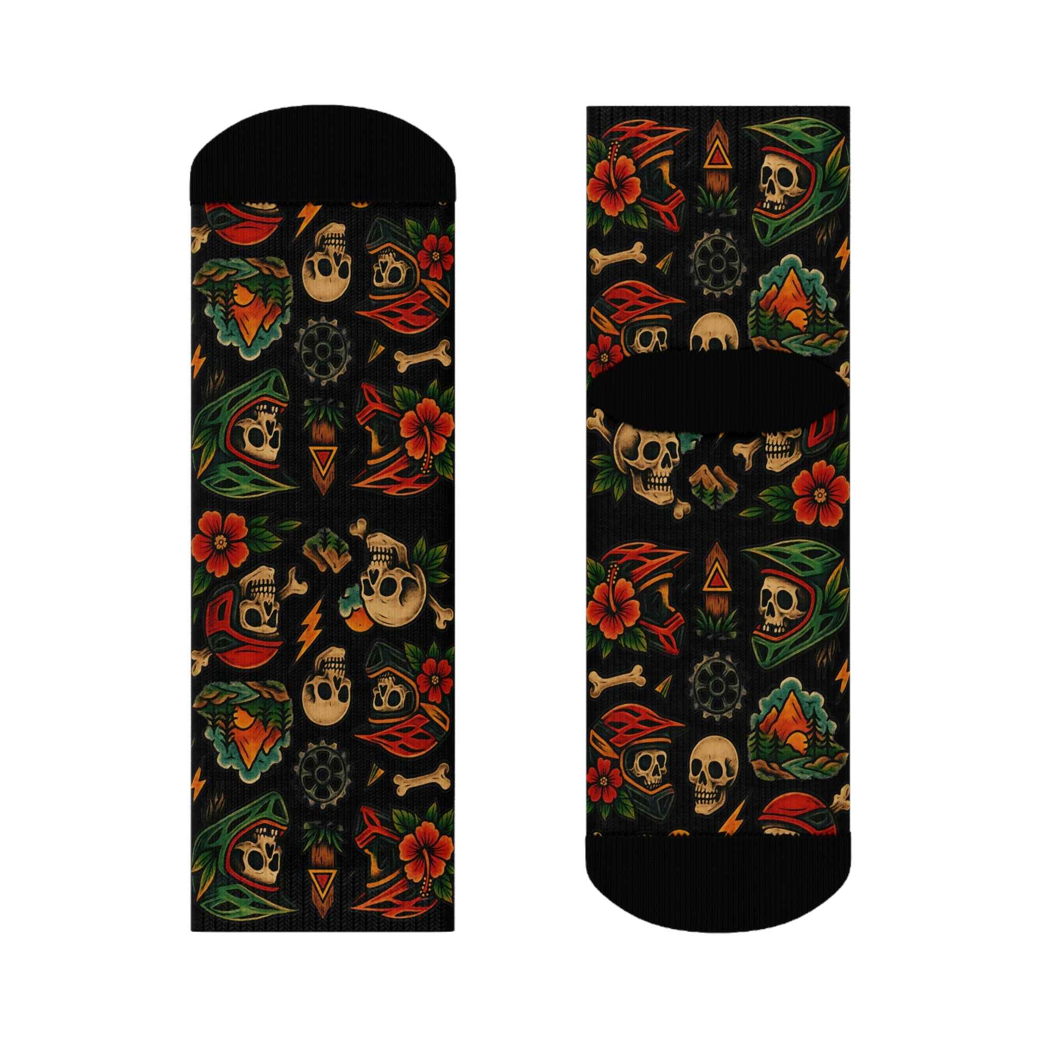 Vintage Skull Floral Crew Socks featuring seamless design with skull and floral tattoo art, ideal for stylish outdoor or festival wear.