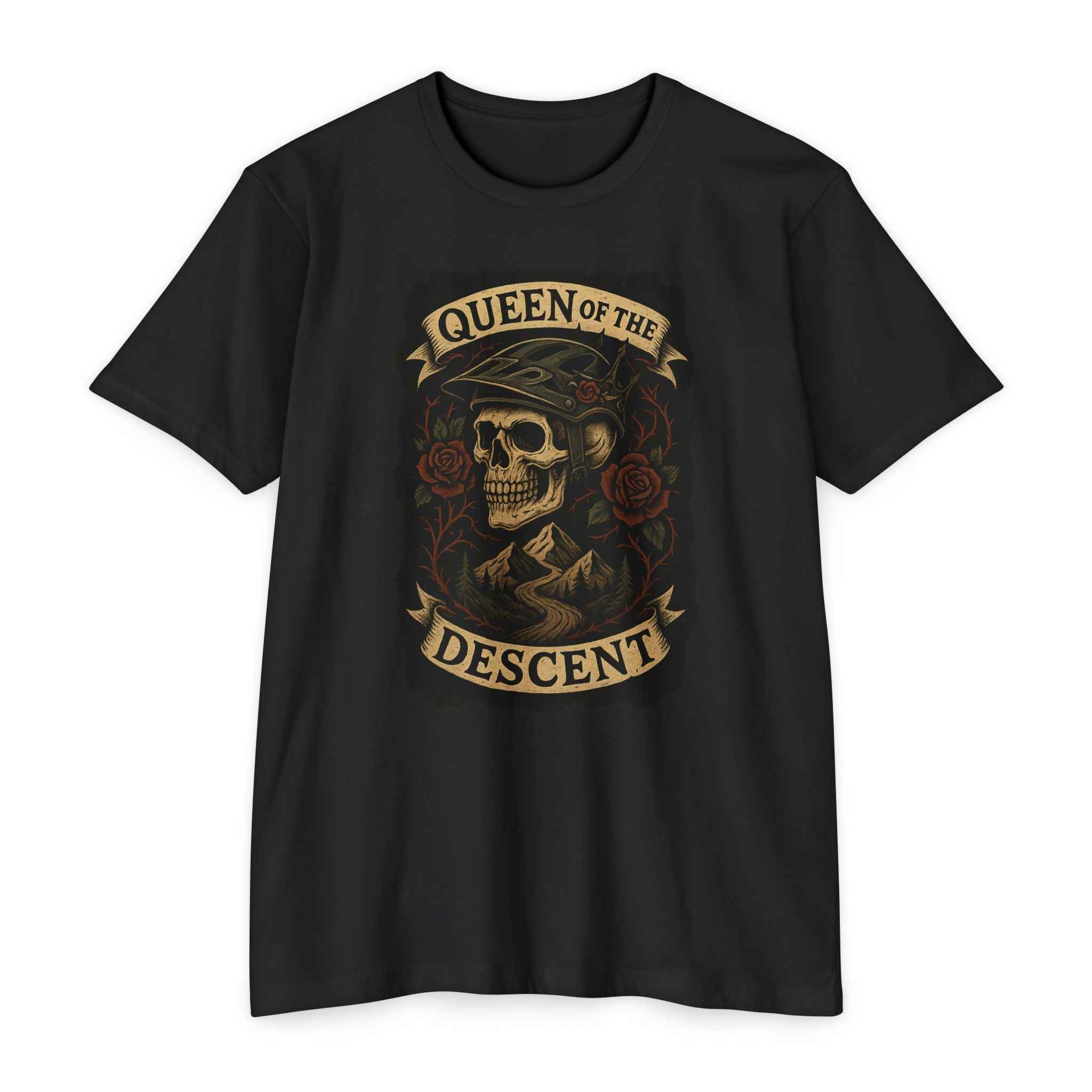 Queen Skull Tee Women's Shirt in black showcasing a gothic skull and roses design. Stylish short sleeve t-shirt with occult and artistic flair.