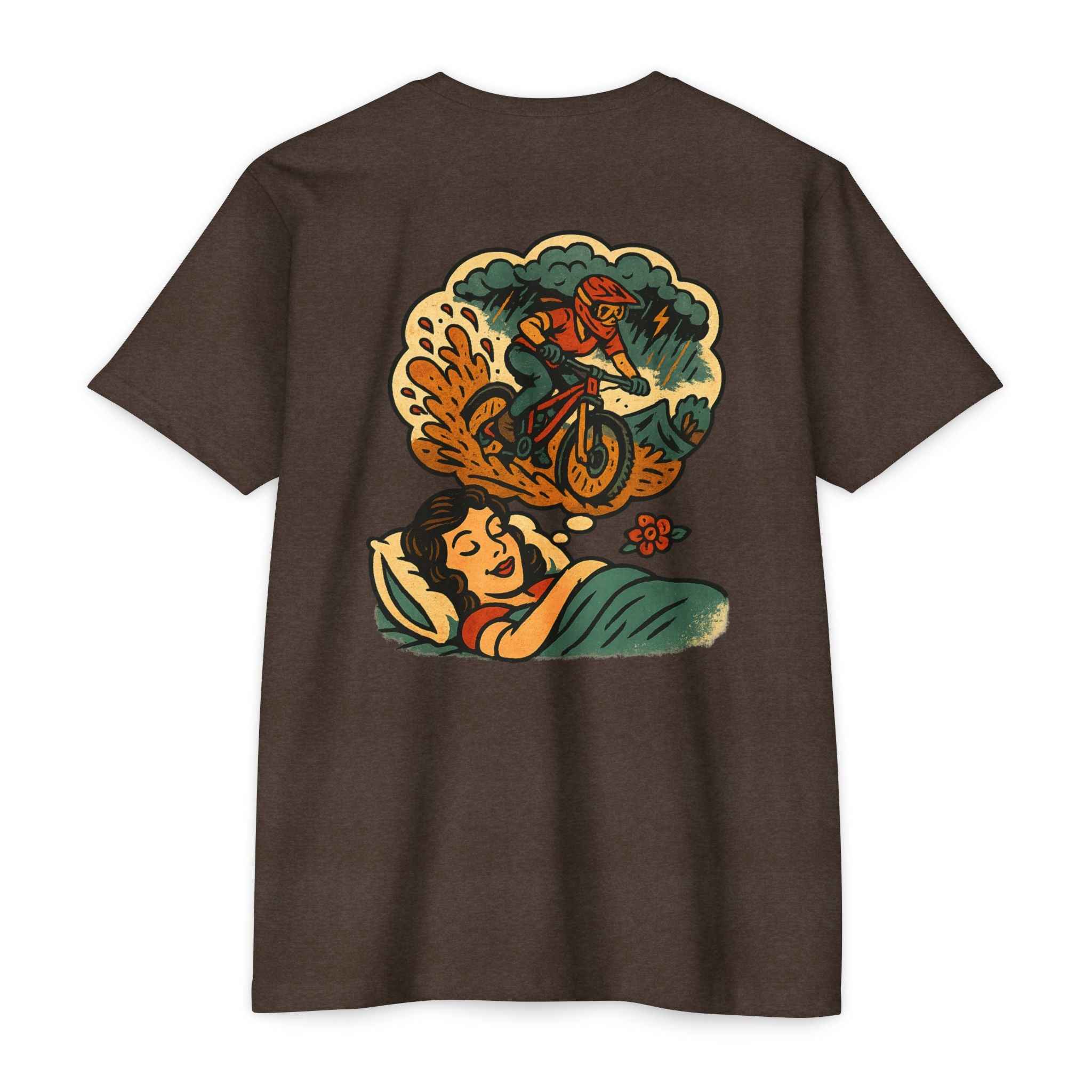 Brown Dirty Dreams MTB T-Shirt with retro cartoon back print of a biker in a dream. Ideal gift for mountain biking fans and trail riders.