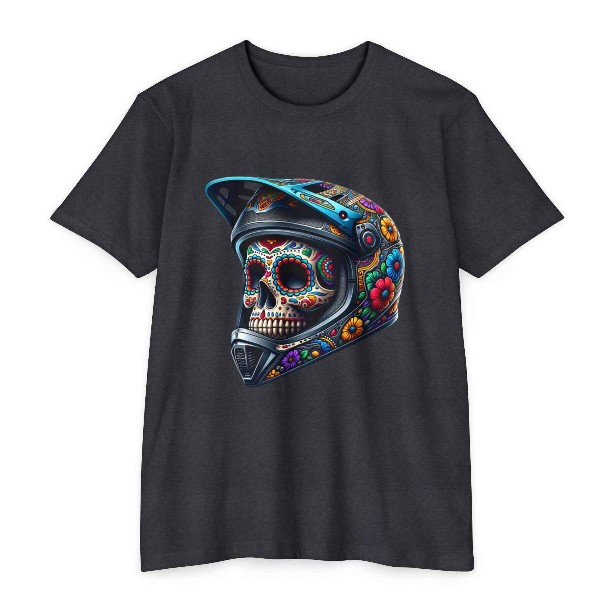 Dark gray Skull Candy Men's T-Shirt with detailed skull helmet artwork. Versatile and soft for daily wear.