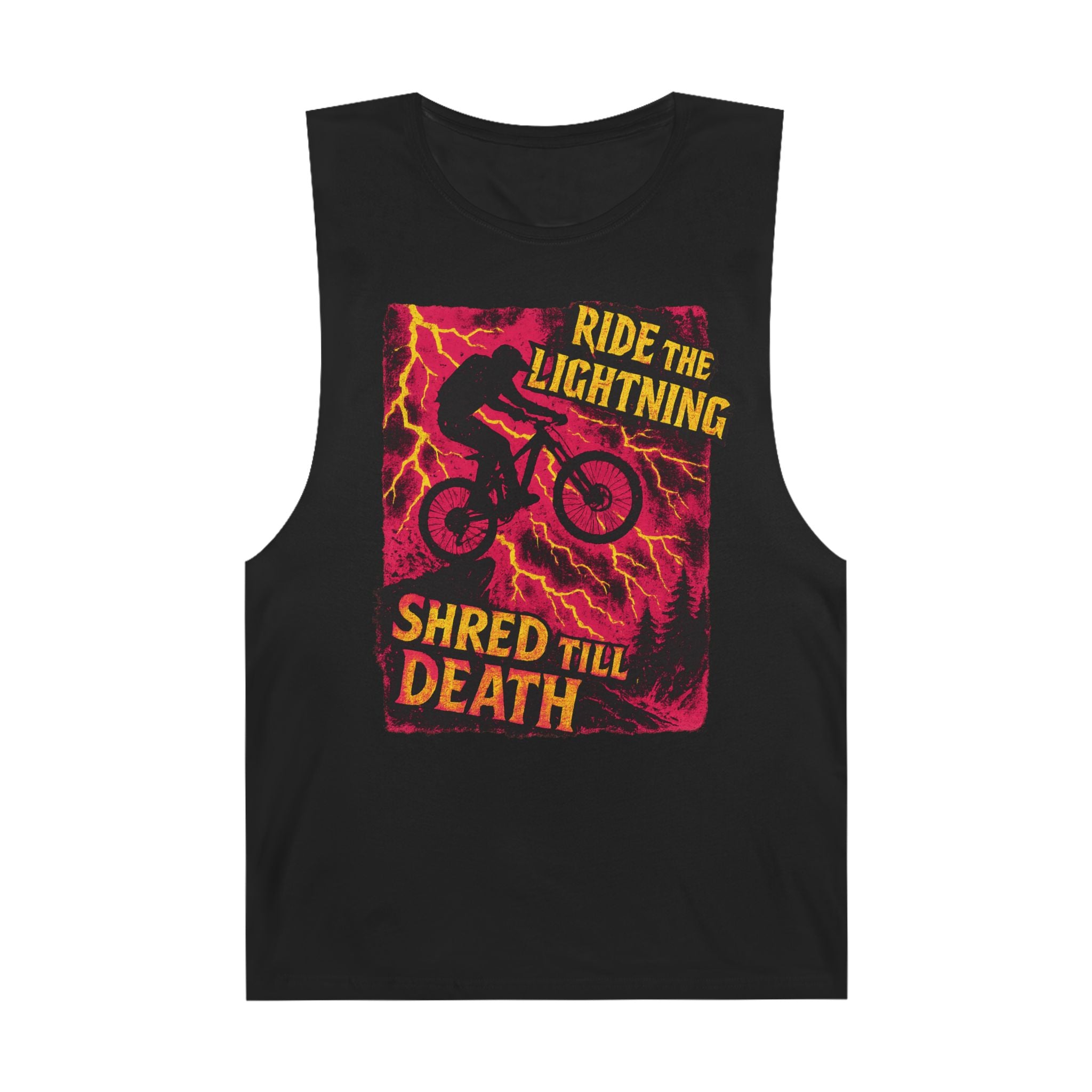 Men's black tank top with a graphic print of a mountain bike and the text 'RIDE THE LIGHTNING SHRED TILL DEATH'.