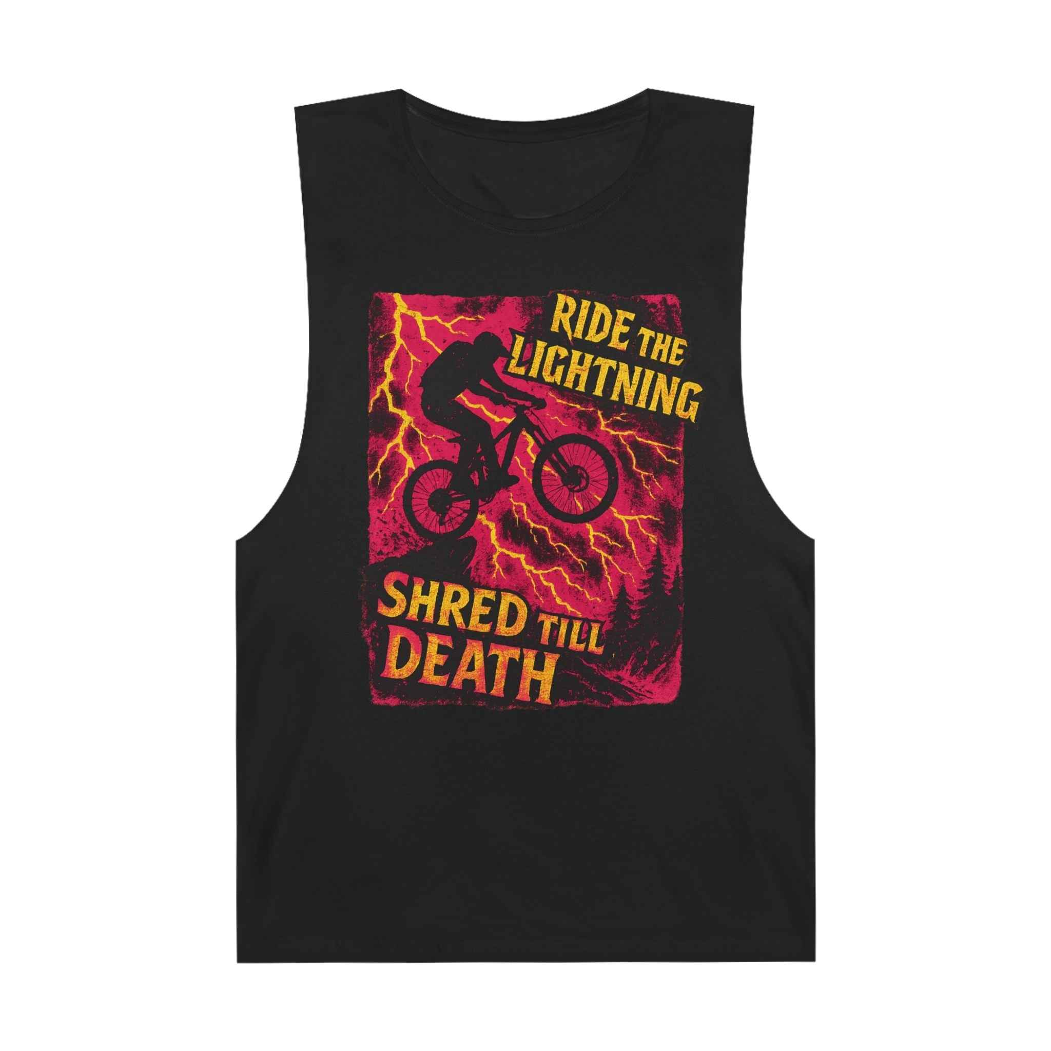 MTB Tank Top - Ride the Lightning Men's Tank features a bold graphic of a mountain biker riding through lightning with 'Shred Till Death' text. Ideal for cyclists and summer streetwear lovers.