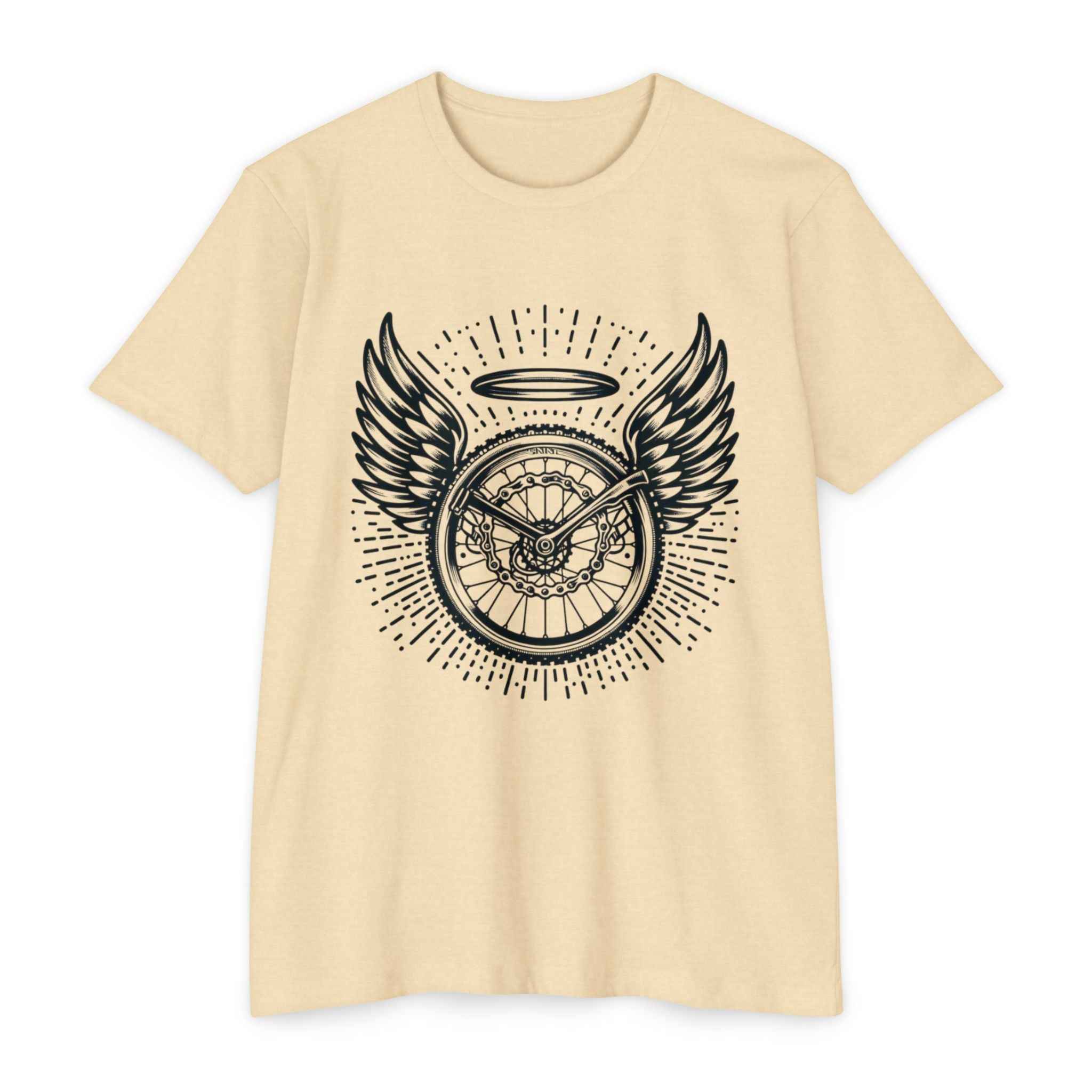 Mountain Bike Angel T-Shirt in cream with black winged bike wheel and halo graphic. Durable MTB T-Shirt for women, ideal for cycling enthusiasts.