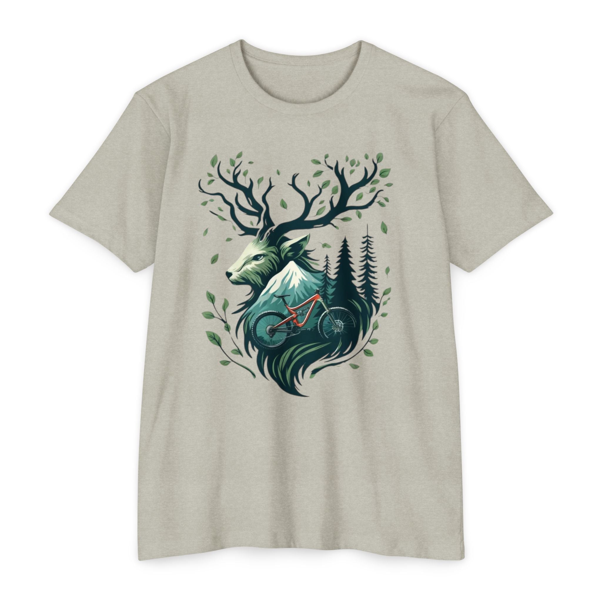 Heather gray Forest Deer Mountain Bike T-Shirt with nature and cycling-themed print. A unique graphic tee for adventurous women.