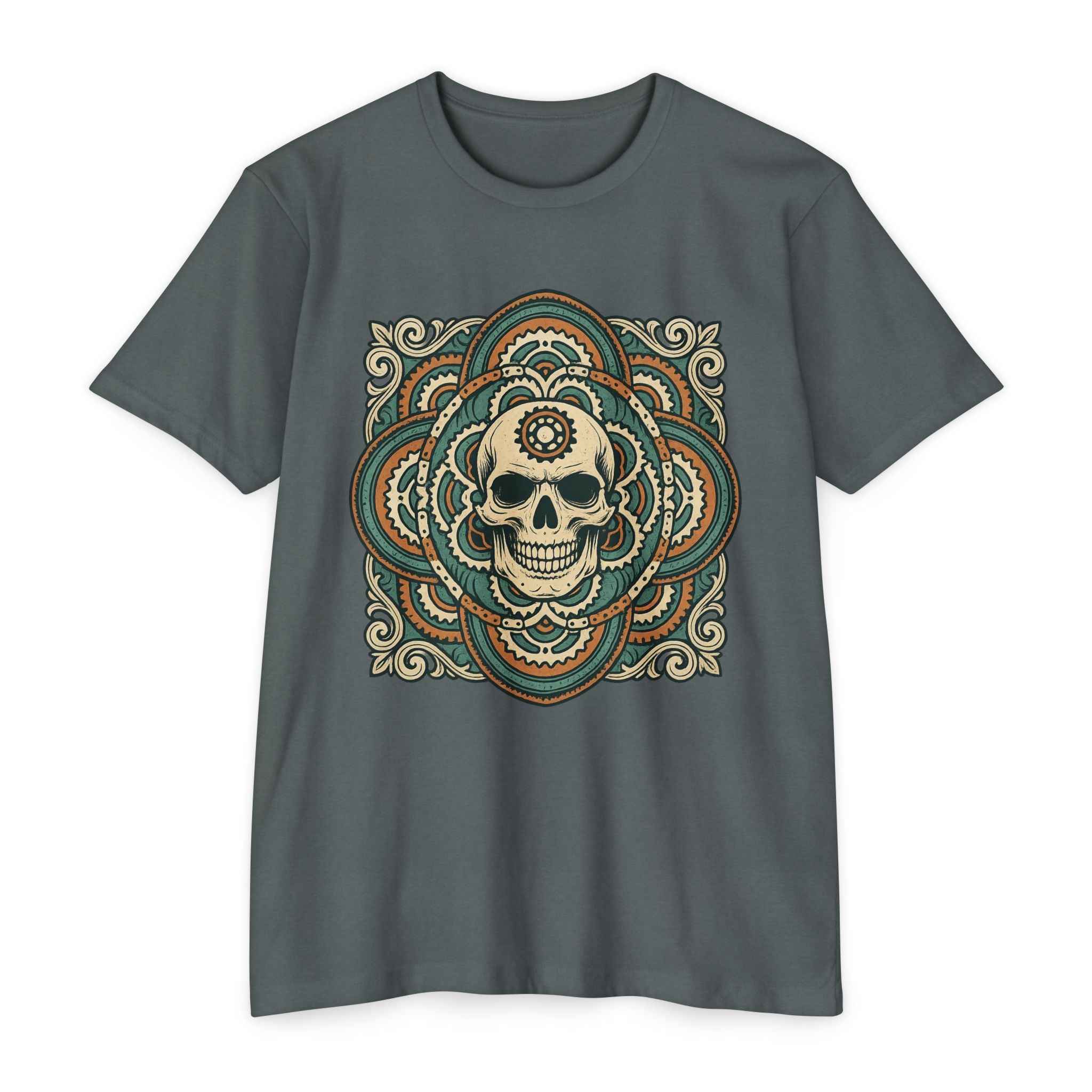 Mandala Skull Bike Style Shirt in charcoal gray with ornate skull mandala print, designed for trail riders and lovers of mystical graphic tees.