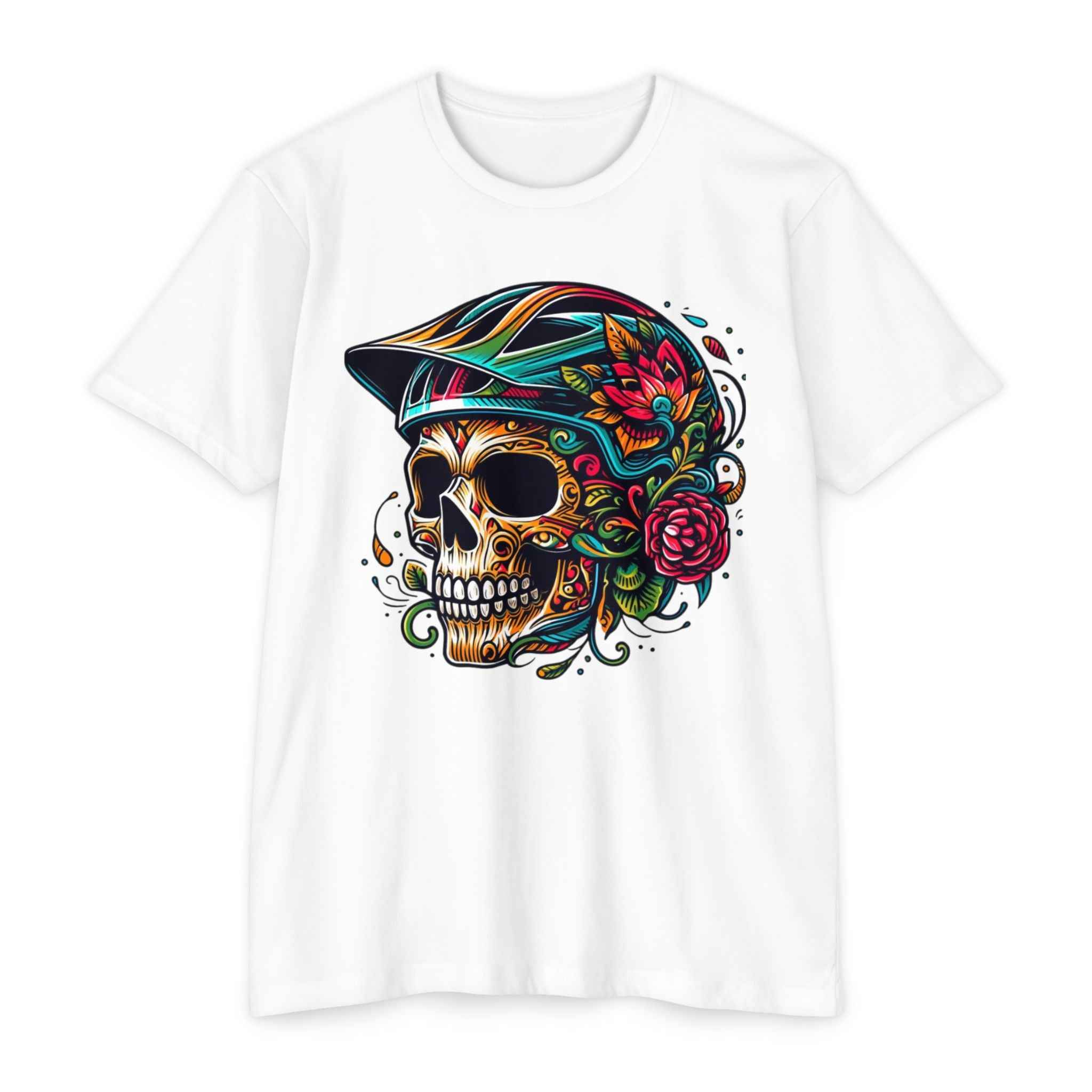 White Skull Rose T-Shirt - Comfort Colors with multicolor skull and floral helmet design, crafted from soft ring-spun cotton.