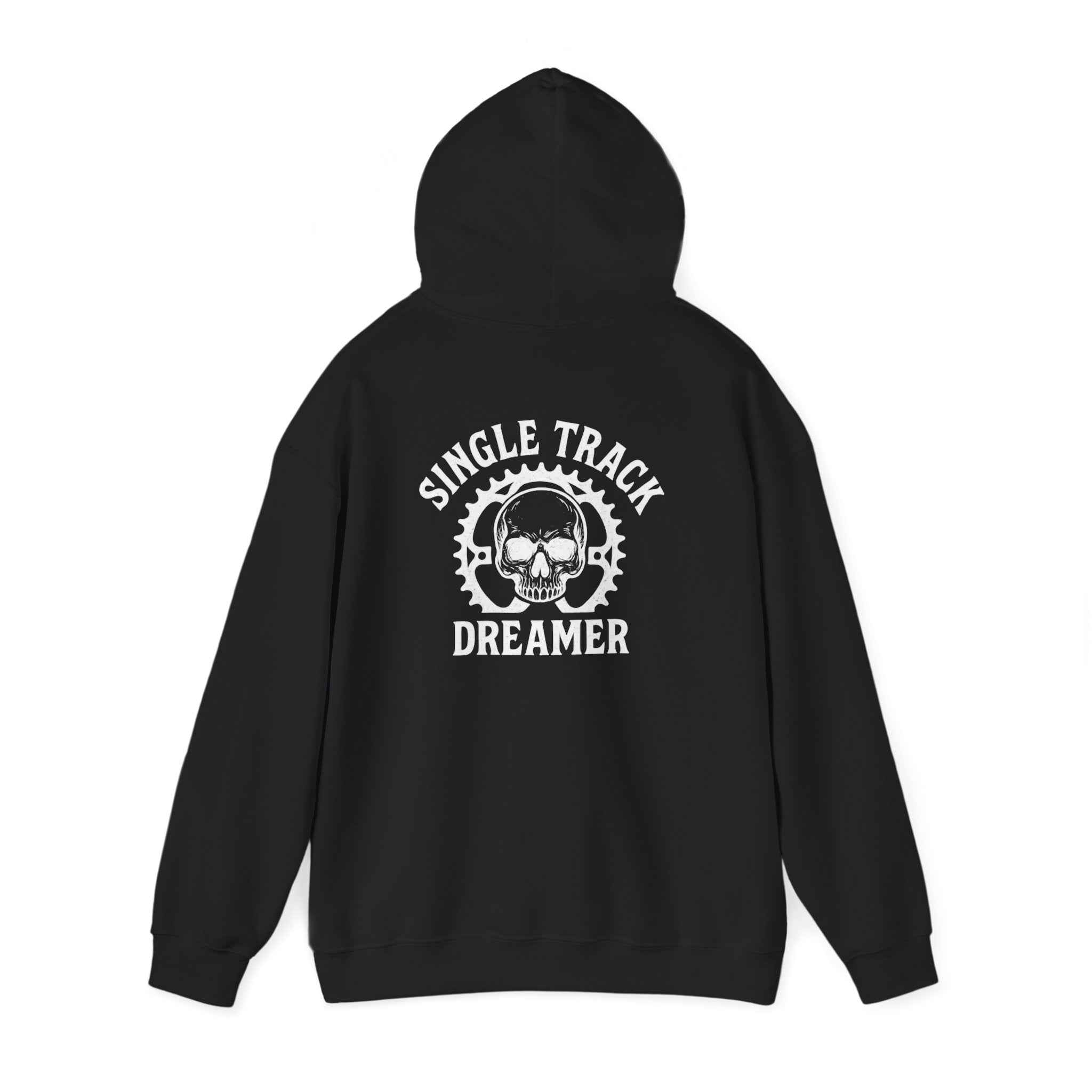 Black Men's Hooded Sweatshirt - Everyday Comfort showing large back print 'Single Track Dreamer' skull gear design, ideal for urban casual outfits.