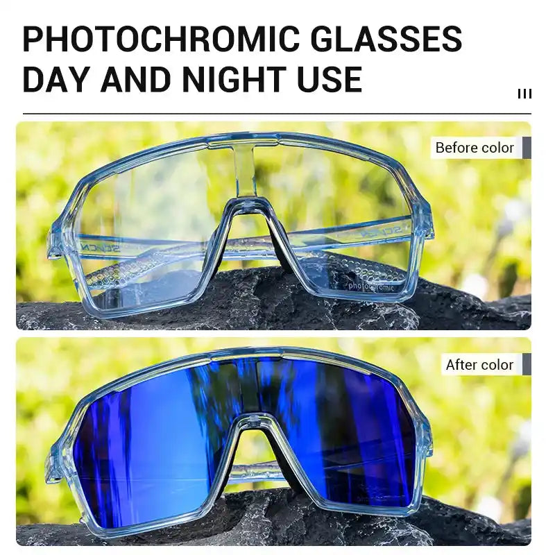 Photochromic cycling sunglasses with blue lenses shown before and after UV exposure, ideal for day and night outdoor sports.