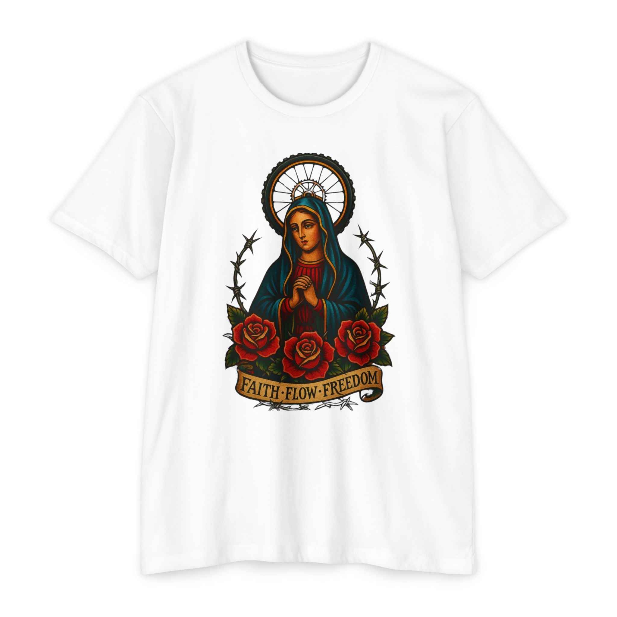 White Faith Flow Freedom Men's Inspirational T-Shirt with colorful Virgin Mary and floral artwork, blending spiritual style with comfort.