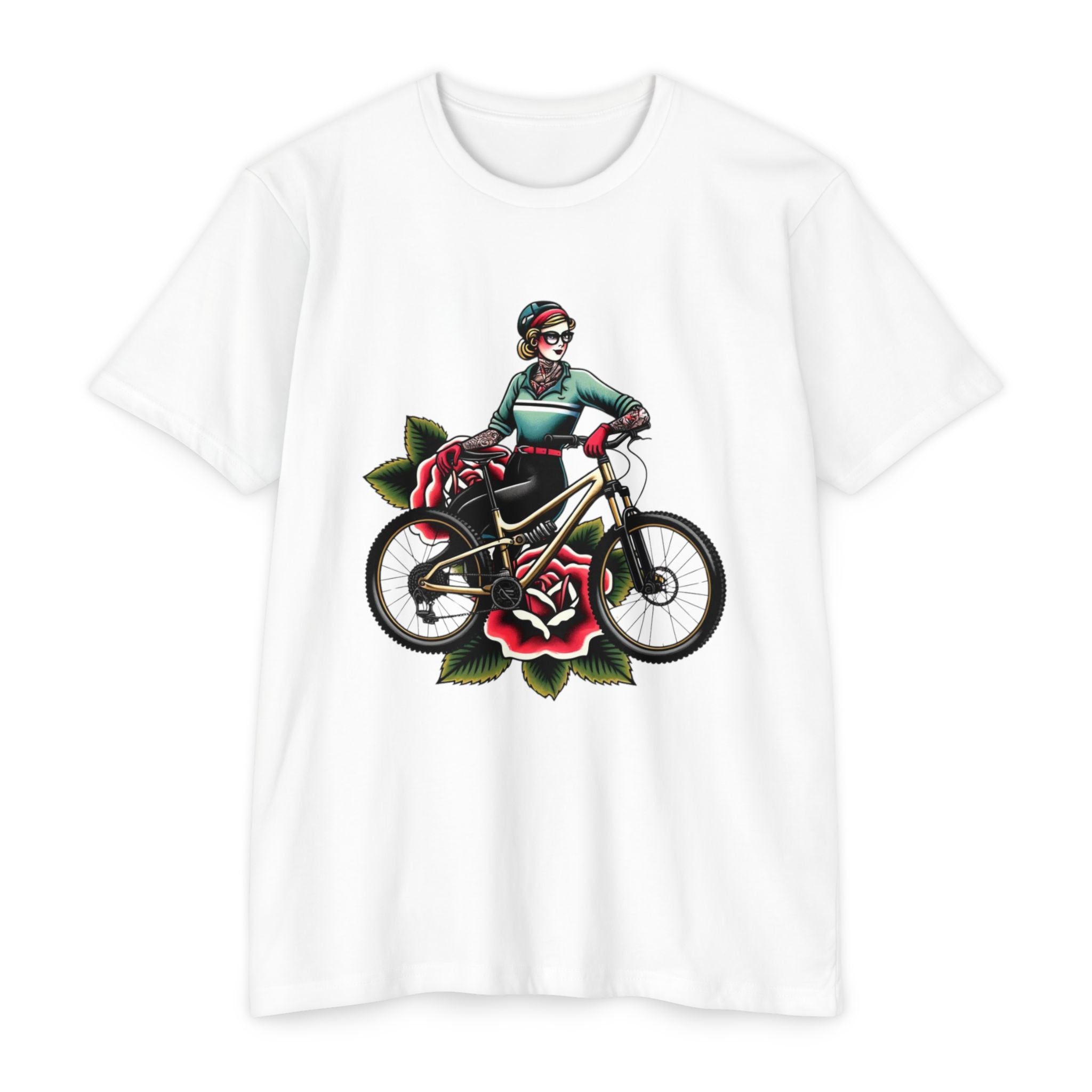 Women's MTB Tee - Vintage Rose Tattooed Rider Shirt in white with retro tattoo art of a biker girl and roses, great for outdoor cycling fans.